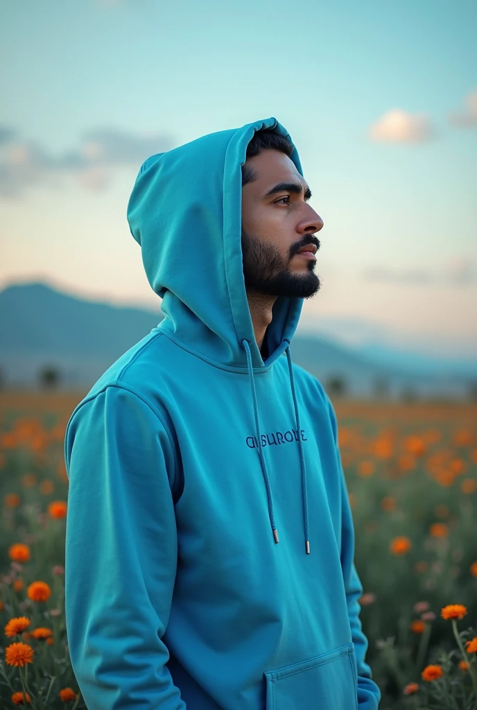 Please make a picture of a 25-year-old Indonesia man sitting on a bench in a city park, wearing black jeans, wearing a smartwatch in his left hand, wearing a blue hoodie with an aesthetic picture of the beach sunset, black jeans, and black Vans shoes with white soles.
