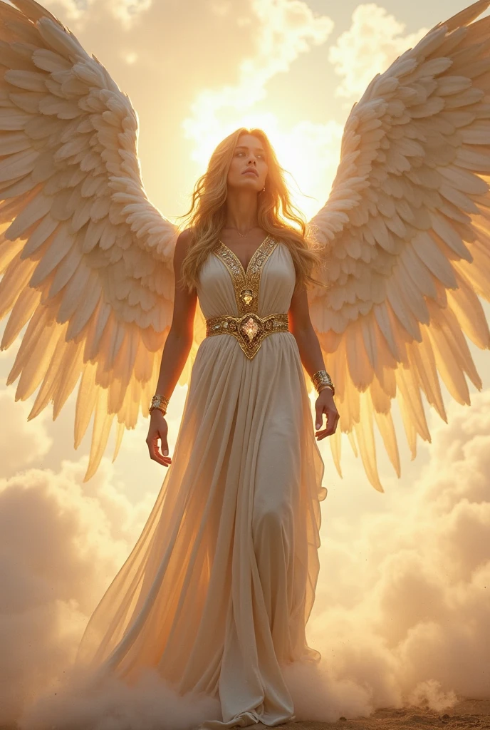 Create inspiring, ultra-realistic 8K images that depict the transcendent beauty of confident women. A warm glow illuminates her features., Golden Light, Highlighting her strength and grace. Enriching the scene, Brilliant white angel wings, A shining halo over her head, In his left hand he holds a beautiful and elaborate sword.. Capturing moments that evoke both mystical power and quiet beauty, Create images that inspire admiration and awe