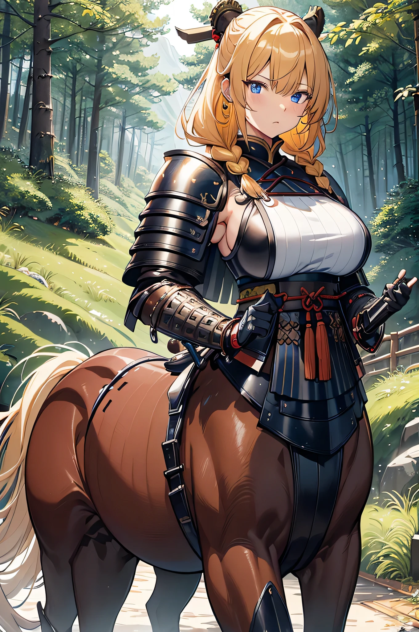 4k,High resolution,One Woman,centaur,Blonde,long hair,Blue Eyes,Big Breasts,samurai,Samurai Armor,Heavy Armor,Full Armor,Jewelry decoration,Big Japan sword,in the forest