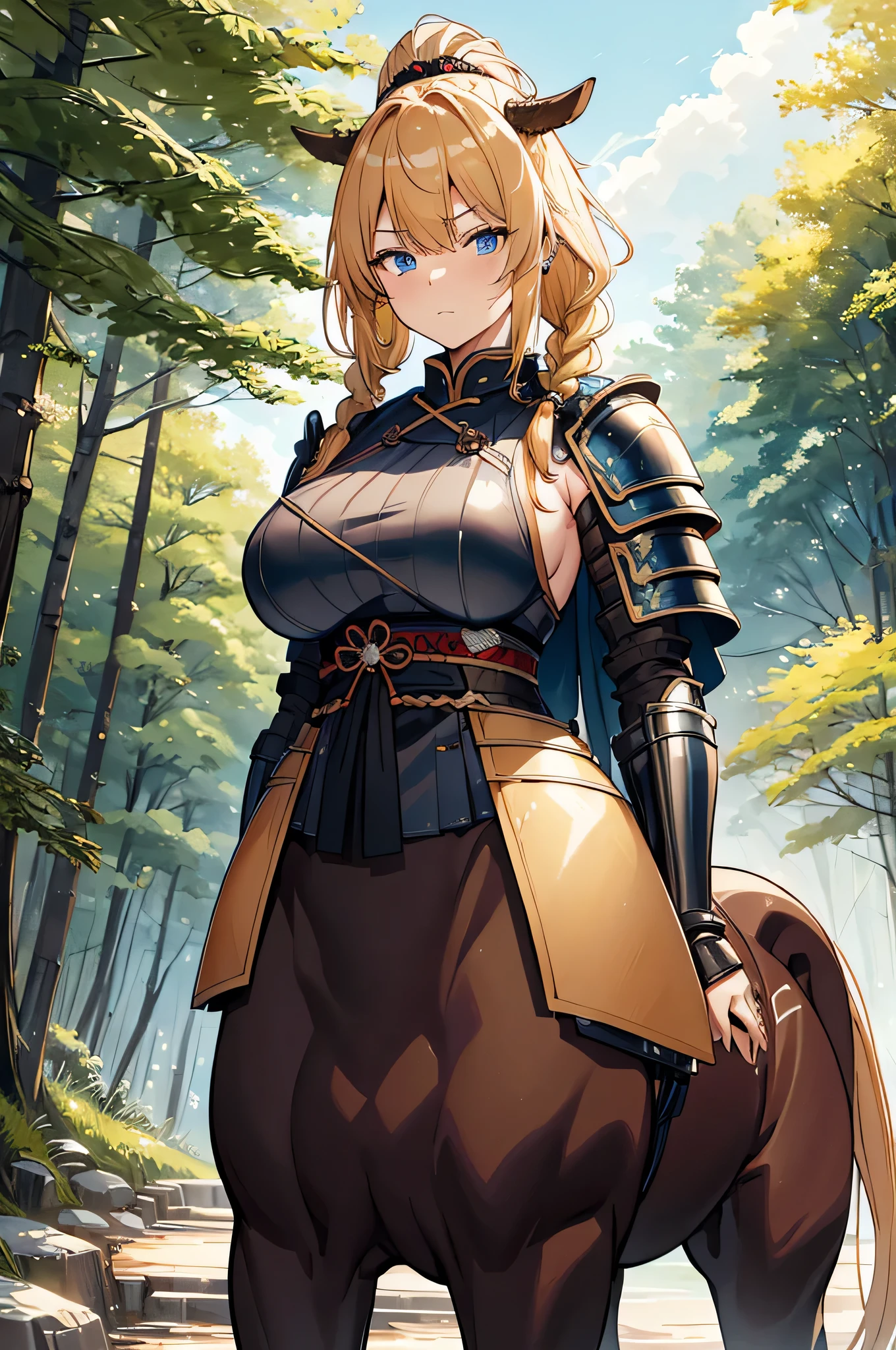 4k,High resolution,One Woman,Elf,Blonde,long hair,Braid,Green Eyes,Big Breasts,samurai,White samurai armor,Full Armor,Heavy Armor,Sideboob,Jewelry decoration,Big Japan sword,in the forest