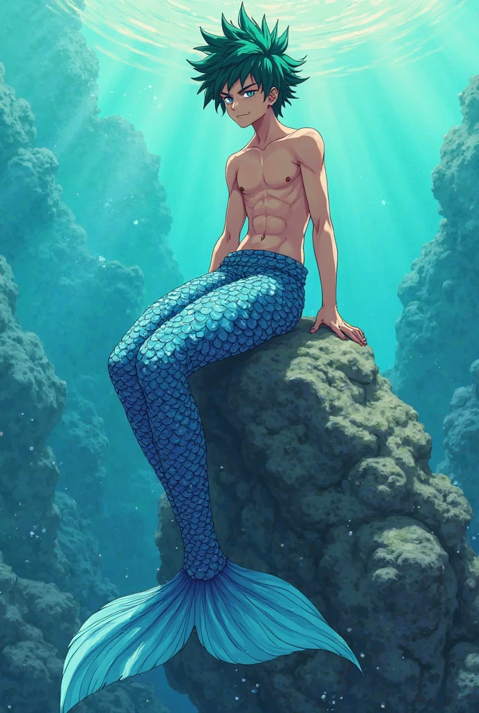man, rubio, with the lower half of the body of a fish or eel, anime style, handsome and posing in the sea, posing on a rock, no muscles.