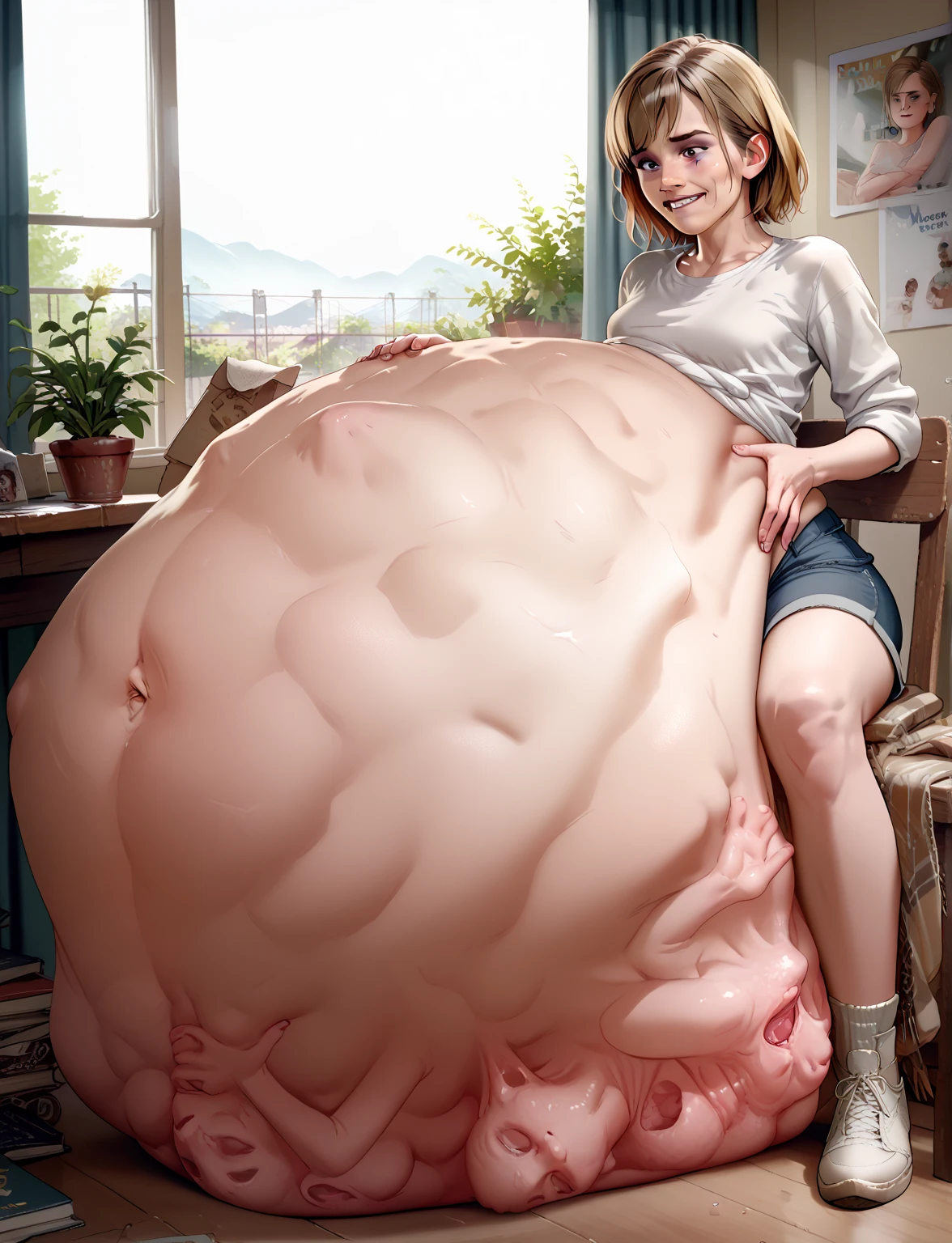 1girl, alone, solo, large head, short stature, skinny, thin body, , skinny body, skinny limbs, skinny arms, skinny legs, small breasts, flat chest, small butt, full body, long shot, wide shot, very long shot, very wide shot, standing, side view, perfect side view, perfect body, perfect limbs, perfect arms, perfect hands, 5 fingers, detailed fingers, perfect legs, best quality, ultra detailed, high quality, highly detailed, 8k, 16k, masterpiece, perfect anatomy, good anatomy, cute, kawaii, blushing, detailed face, fixed face, brown hair, short hair, cat girl, brown cat ears, tail, one brown cat tail, perfect cat ears, perfect cat tail, orange eyes, naked, nude, barefoot, perfect foots, perfect barefoot, detailed foot, detailed barefoot, bare belly, midriff, perfect belly, huge belly, hyper belly, gigantic belly, massive belly, enormous belly, big belly, giant belly, person inside belly vore, vore, source_anime, (score_9,score_8_up,score_7_up,), very aesthetic, multiple people inside belly, multiple preys, (vore belly), moaning, orgasm, mouth open, fangs, ahegao
