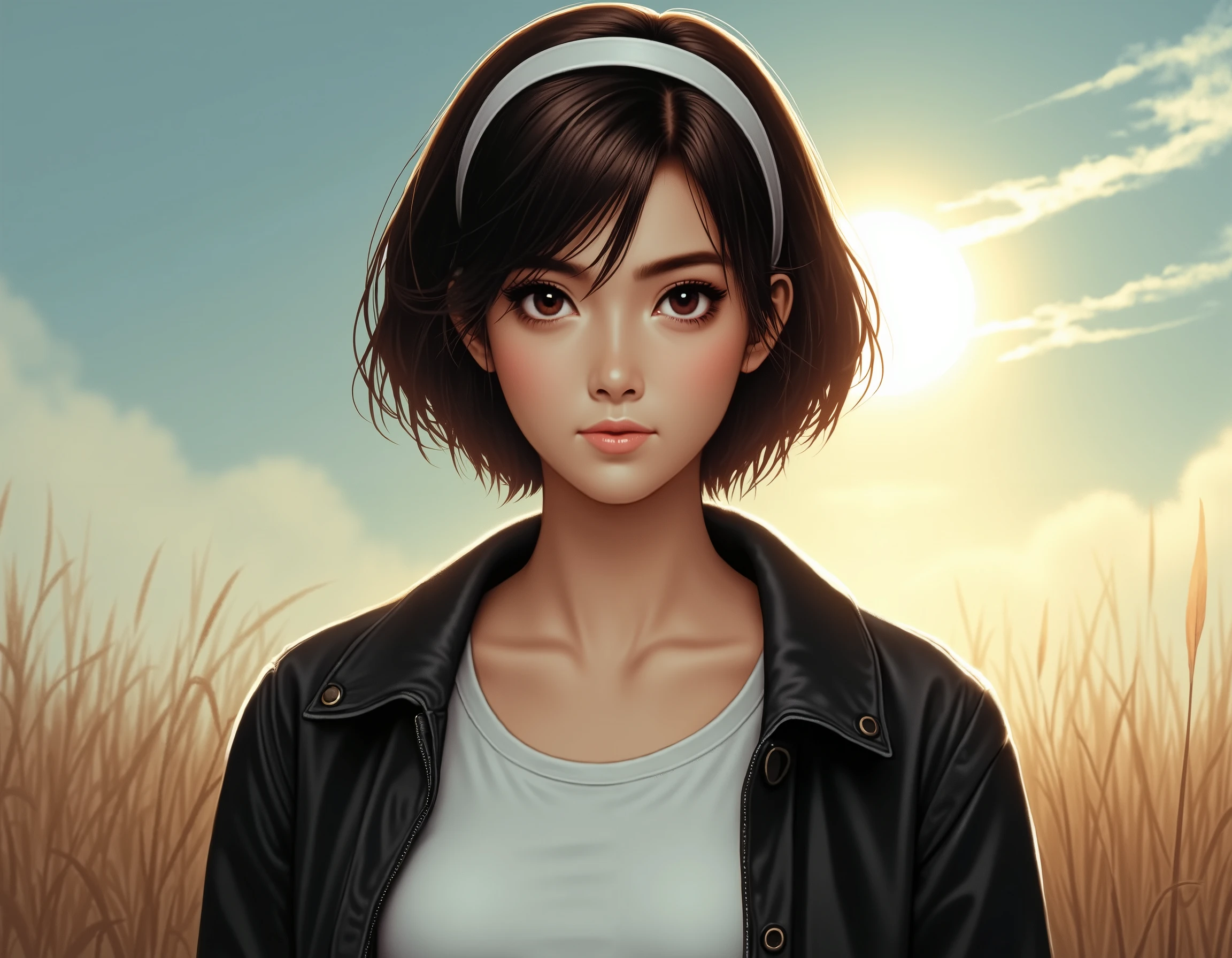 dark brown hair, shortcut, (white headband), black thin eyebrows, dark brown eyes, nose, lips, (black jacket), white t-shirt, medium breasts, sun, cloud, looking at viewer