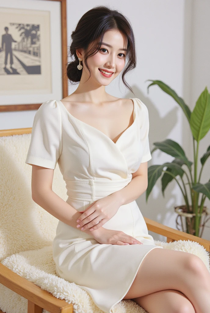 (realistic:1.3), finely detailed, quality, rembrandt lighting, (masterpiece:1.2), (photorealistic:1.2), (best quality), (detailed skin:1.3), (intricate details), dramatic, ray tracing, 1girl, japanese girl, 21 years old, detailed skin texture, (blush:0.5), (goosebumps:0.5), subsurface scattering, smiling, medium breasts, updo hair, bangs, hair between eyes, jewelry, edgpdress, wearing a edgpdress, pencil_dress, lace overlay, embroidery, puffy sleeves, office lady, formal, sitting, chair, dynamic pose, (bright sunny day, office, desk, writing materials, window), <lora:edgPencilDress_MINI:0.8>