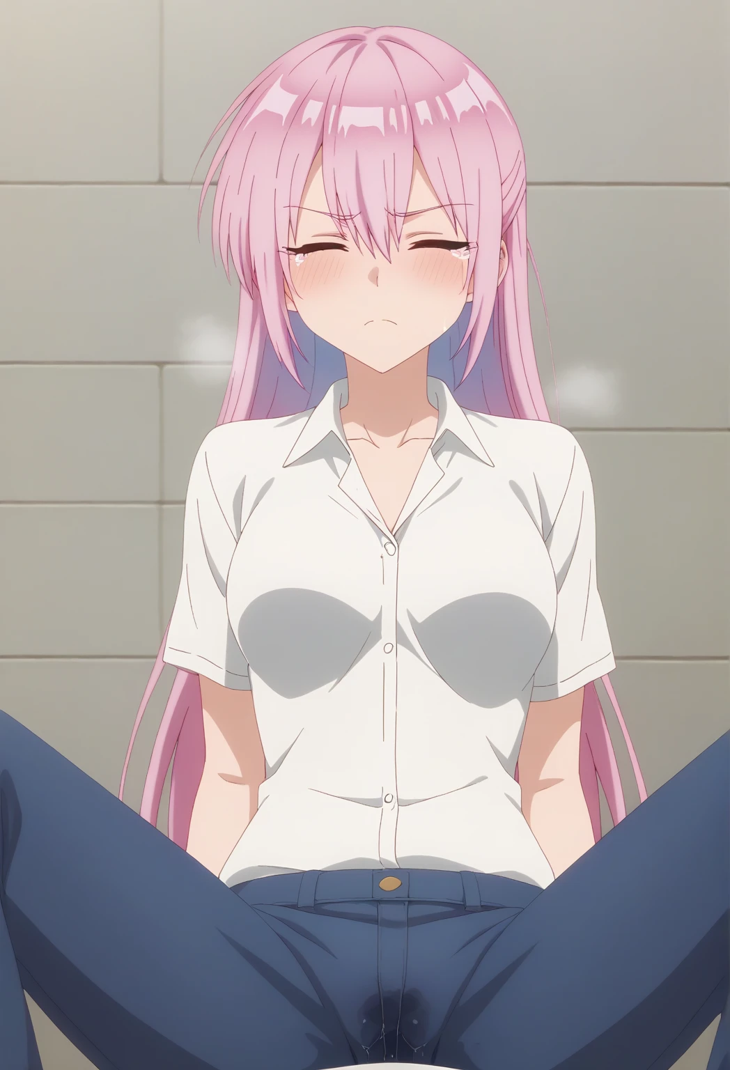 1 Long hair, girl , mini skirt, Pink Hair, avert your eyes, Please sit down and spread your legs., Embarrassing, Blushing, Are crying, Mouth closed, classroom (おしっこを漏らすgirl)、Completely naked