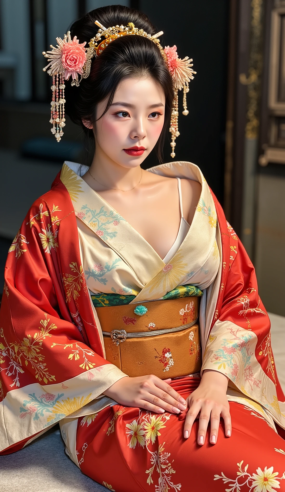 the proportions and detailed textures multicolored brushwork and softened with airbrush, a semi-realistic ink china illustration A young traditional geisha is shown lying on her right side on a futon (full body pose and in high quality) wearing traditional Japanese (western) attire, her facial features are delicate, innocent look, full lips and defined eyebrows, huge (and round) breasts, thick thighs, wide hips, slim and high waist, flat stomach. Her expression is serene. Her hair is styled in an elaborate up-do adorned with intricate ornaments and hairpins. The kimono she wears is richly decorated with floral patterns in shades of red, gold, and black, with open layers of fabric that leave her body and skin visible, including a bluish-beige bra and panties. The overall style is elegant and refined, capturing the essence of traditional Japanese art with a modern twist. The background is dark and blurred, drawing the eye to the subject and giving depth to the illustration. very balanced saturation in the color palettes very defined (color with monochrome shading and shine tones of red 25% + yellow 25% + blue 25% + biofluorescent 12.5% + transparencias 12.5%. Aesthetic fusion by (Fibonacci ratio. a poupée realiste of a young Michelle Yeoh. female young girl she has a pink skin with white-grey tones that give contrast and shine character type. Fluid texture of fine, thin fabric that molds to your figure (her clothes with relief and folds give volume and depth to the character) style. Sharp Highly Detailed Soft Focus, Approaching Perfection, Full HD 8K, High and Low Angles. of milo manara, Gianni Versace, Coco Chanel, Alberto Vargas, Greg Rutkowsk art style, wh3ein
.