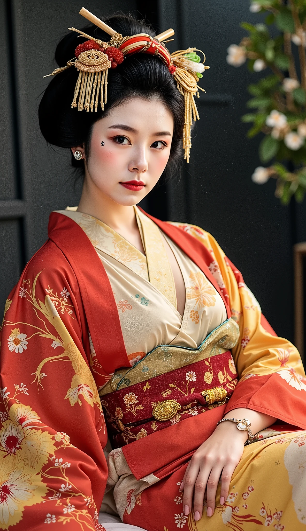 the proportions and detailed textures multicolored brushwork and softened with airbrush, a semi-realistic ink china illustration A young traditional geisha is shown lying on her right side on a futon (full body pose and in high quality) wearing traditional Japanese (western) attire, her facial features are delicate, innocent look, full lips and defined eyebrows, huge (and round) breasts, thick thighs, wide hips, slim and high waist, flat stomach. Her expression is serene. Her hair is styled in an elaborate up-do adorned with intricate ornaments and hairpins. The kimono she wears is richly decorated with floral patterns in shades of red, gold, and black, with open layers of fabric that leave her body and skin visible, including a bluish-beige bra and panties. The overall style is elegant and refined, capturing the essence of traditional Japanese art with a modern twist. The background is dark and blurred, drawing the eye to the subject and giving depth to the illustration. very balanced saturation in the color palettes very defined (color with monochrome shading and shine tones of red 25% + yellow 25% + blue 25% + biofluorescent 12.5% + transparencias 12.5%. Aesthetic fusion by (Fibonacci ratio. a poupée realiste of a young Michelle Yeoh. female young girl she has a pink skin with white-grey tones that give contrast and shine character type. Fluid texture of fine, thin fabric that molds to your figure (her clothes with relief and folds give volume and depth to the character) style. Sharp Highly Detailed Soft Focus, Approaching Perfection, Full HD 8K, High and Low Angles. of milo manara, Gianni Versace, Coco Chanel, Alberto Vargas, Greg Rutkowsk art style, wh3ein
.