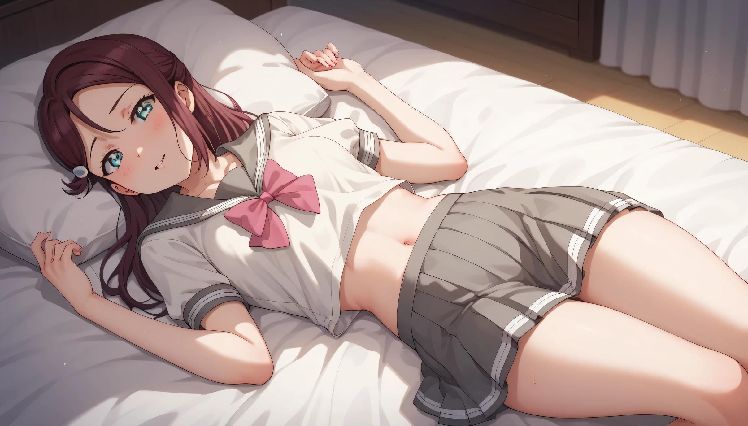 An image of Riko Sakurauchi wearing a sailor fuko and short gray skirt lying on a bed in a bedroom.