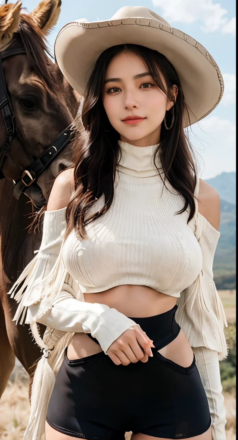 Asian cowboy style,
This woman has a modern cowboy look with a hat, long earrings, and a stylish outfit. long black hair, Thin cream crop turtleneck long sleeves, Compression shorts black, posing pulling a horse rope on a ranch, a slight smile expression, Her black riding boots complete the look, giving a bold and elegant impression in the vast grassland background. ((Thin cream turtleneck fringed sleeves:1.3)),
((Compression shorts black:1.4)), ((big breast:1.4)), ((cameltoe:1.3)), (strap cowboy hat, long earrings, high riding boots),
photography,top quality,realistic,photorealistic,intricate details,(fine details),(intricate details),cinematic light,top quality backlight,clear lines,8k,ultra high resolution,