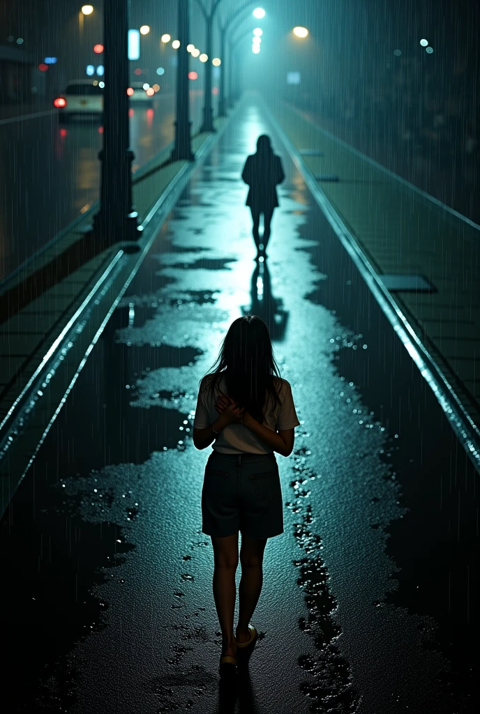 A girl is standing on the bridge railing and trying jumping of the bridge and thats when whe saw Boy who is crossing the bridge and their eyes met its a night time and it was raining. Use white and red light combination. Camera angle should be from behind the boy and infront of boy. There is a girl who is suiciding ( i mean jumping of the bridge. Meke it for Novel Cover page