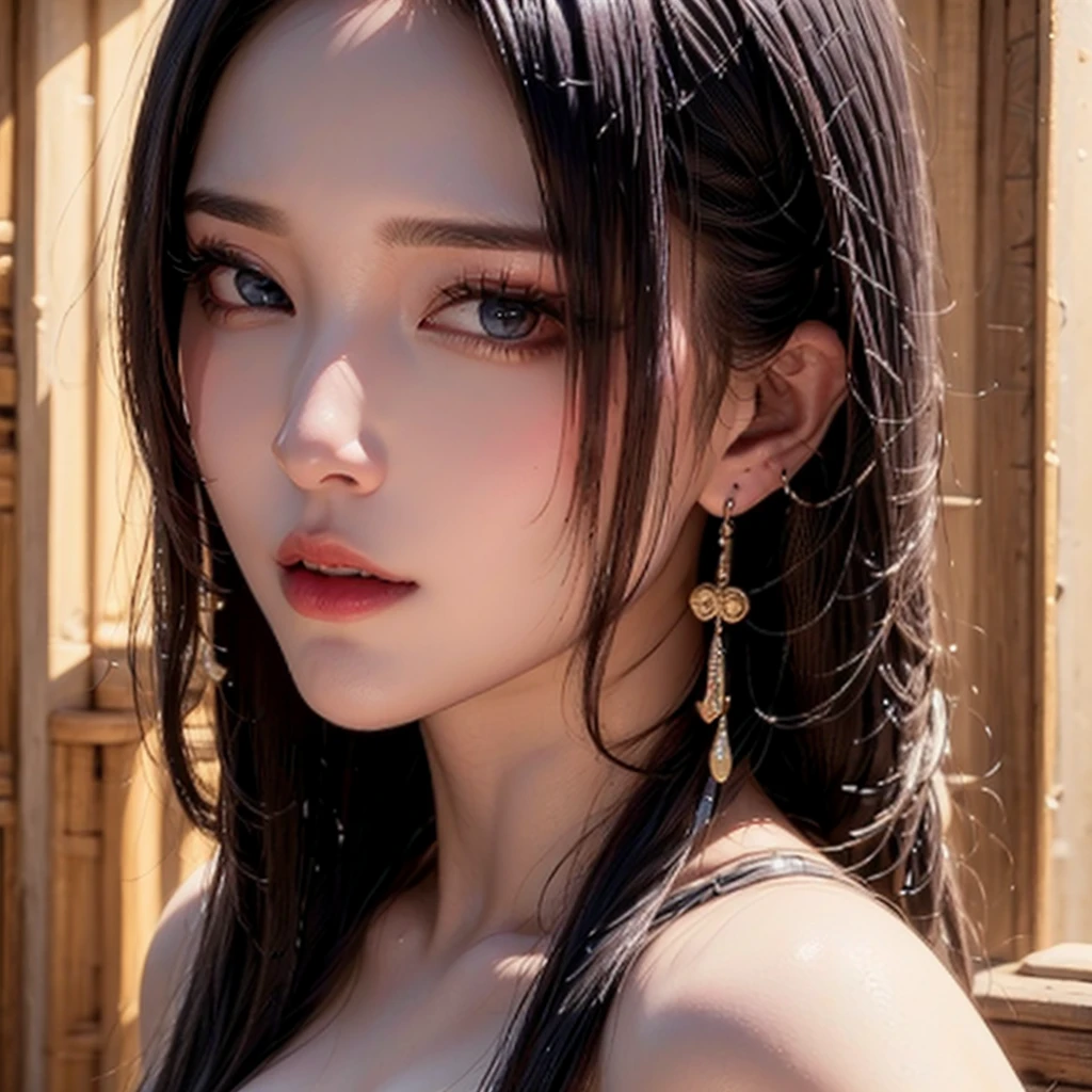 Nikon RAW photo, Fujifilm XT3, (detailed, 21 years old young lady captain, big eyes, snake golden earring, looking away), sensual, (ultra detailed), 8k, 4k, intricate, upper_body, detailed_face, best lighting, outdoors, makeup, bleach background, low rise,(masterpiece, best quality:1.4), (face focus:1.5), outside, (near the sea), 1girl, solo, hancock1, 1girl, boa hancock, big breasts, cleavage, long hair, epaulettes, cape, (white cape:1), crop top, long sleeves, side slit, (european youth woman:1), looking at viewer, beautifull smile, beautiful face, highly detailed face, highly detailed eyes, studio lighting, vivid colors, sharp focus, physicially-based rendering, ultra-fine painting, portraits, landscape