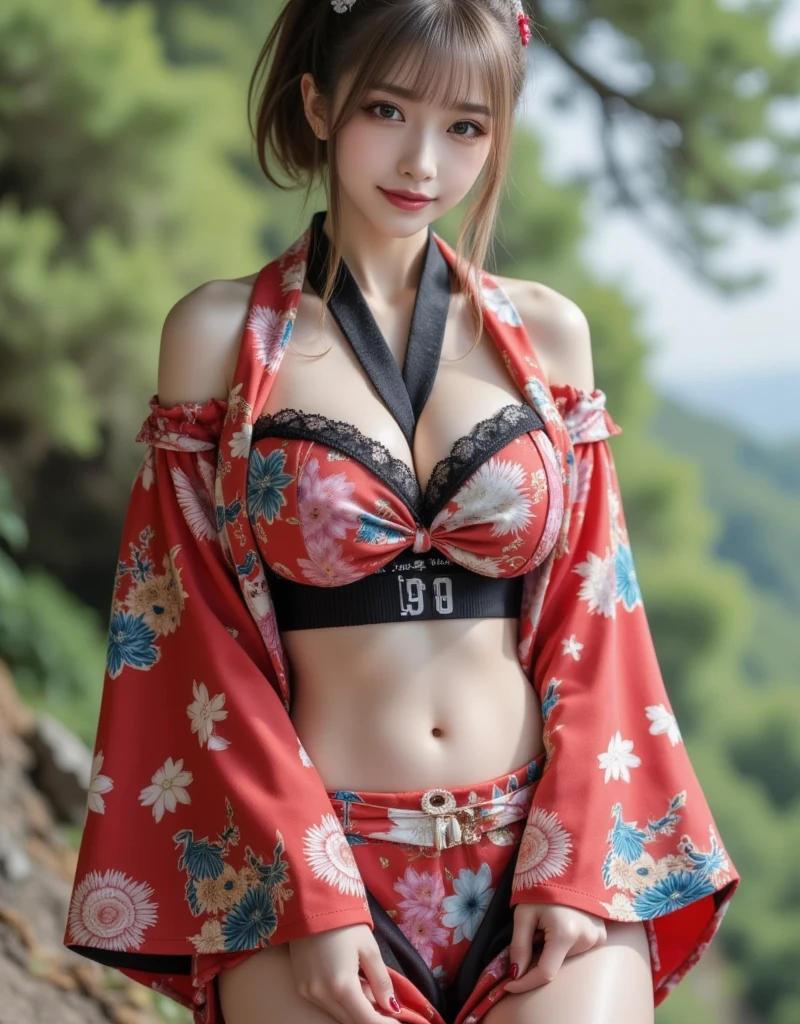 Thigh gaps, ((Photorealistic)), (Cinematic lighting)))), (In fantastic light)), (Slim figure))),(((AKB 48))), ((Full body photo)))))), ((Sunset in background)),((Cherry blossoms in the background)),(17 years old)),(Small bust))))), (((( Colorful lace bikini swimsuit))), (((Photorealism: 6, Realistic)))), (Sideways and turning around pose)),Perfect lower body shape,((Upside ponytail)))(Ribbon),((Has scrunchies on wrists)),Hair ornament, small waist