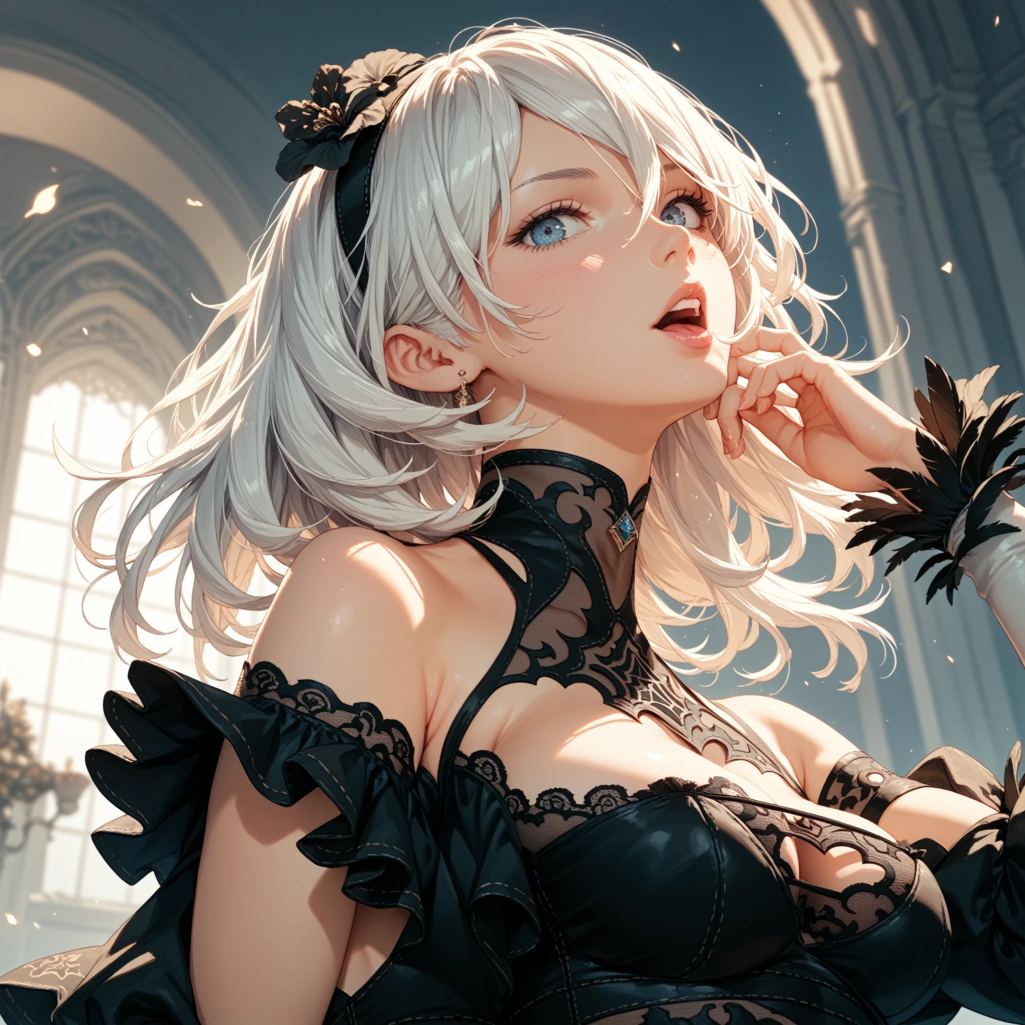 ((nsfw:1.2))((dress_default, terrific_default)):1.5,((独奏, 1girl)) ((masterpiece,Highest quality,Highly detailed images,Beautiful images、Realistic、Dutch Angle)), (Bright lighting overall、Backlight、A fantastic atmosphere、Thick Fog、Dust flutters),(Dynamic pose、Looking up、Beautiful cleavage、large breasts)1.2, ((Beautiful starry sky:1.5、shooting star、Rooftop:1.2))((Flipping the fabric on the chest、Pick up clothes、One pink nipple is visible、Shy expression, shirt tug:1.2))、Black sleeves