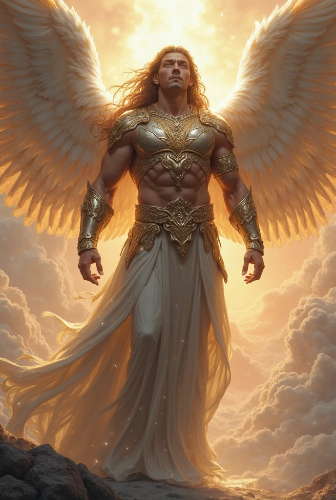 a huge archangel michael with wings,archangel michael,archangel,michael,angel,lucifer,fallen angel,angel vs demon battle,dramatic lighting,intense expression,muscular figure,detailed feathered wings,divine light,religious,epic,cinematic,highly detailed,digital art,concept art,3d render,photorealistic,8k,extremely detailed