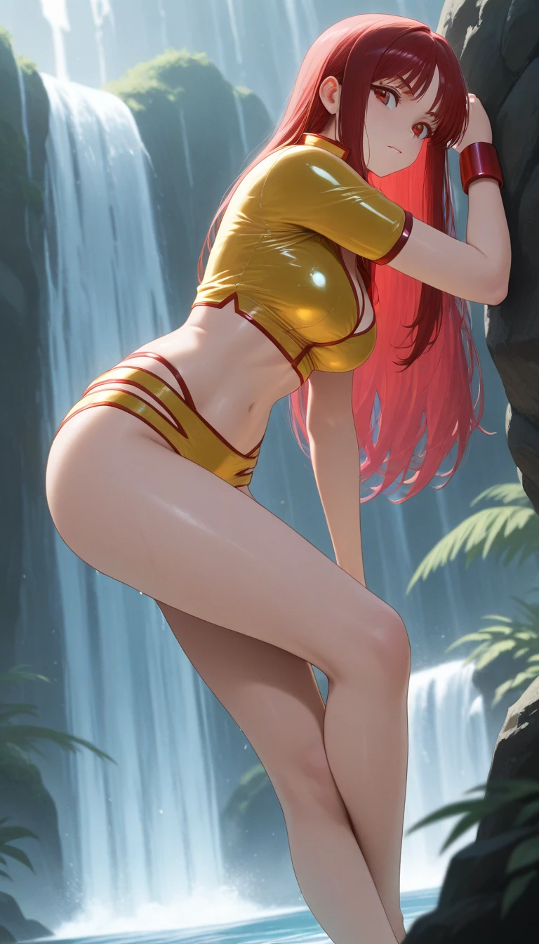 Masterpiece, Best quality, medieval times, royal knight cavalier bikini armor, portrait of a royal knight female, lady knight (abundance, background white, scenic) 1 girl, bare shoulders, wearing a yellow tiger bikini, metal sandals, strong body, red tattoo under stomach, navel, sex slave, red tattoo, slave, shackles, choker, little golden bell under choker
