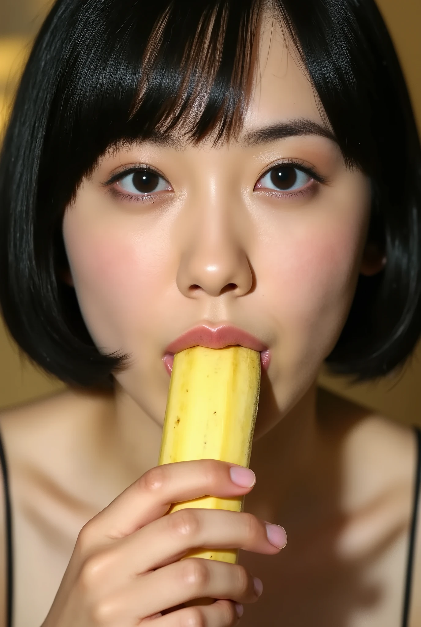 Woman eating a big banana, exquisite face , beautiful eyes, All over my face、 Photorealistic, high image quality, 8k, super detailed, Villa with a thin woman smiling , Dramatic light and dark , dramatic shadow , Wide color gamut , vibrant, Oil, masterpiece, intricate details, super real