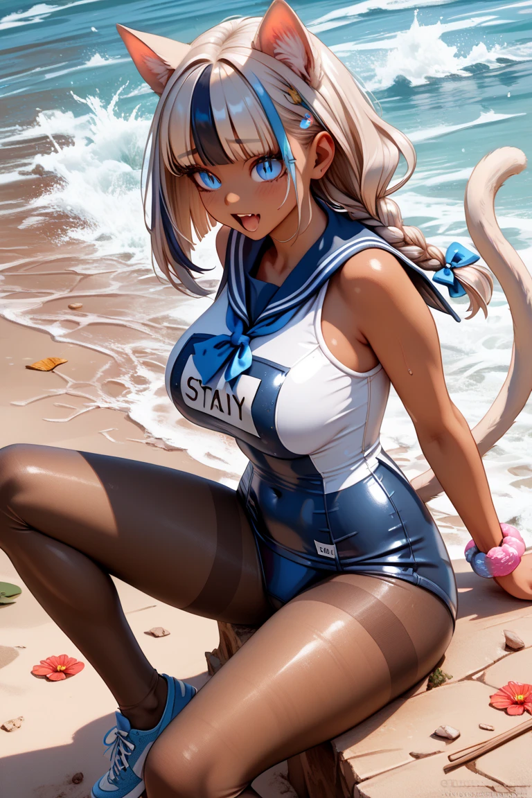NSFW,(highest quality,High resolution,Super detailed,Realistic:1.2),Portraiture,Silver Hair,Beautiful Blue Eyes,A little blush,smile,Facial steam effect,Nice beret,Twin Curl,Embarrassed look,Latex swimwear,High neck、 Female Model(1 person),High leg cut,Her slightly erect nipples are visible through her swimsuit,Open crotch design exposes your crotch to the audience,stimulated a reaction from the audience,Slightly squatting pose,Put your arms behind your head,Black socks,Brown Loafers,To the camera,By the pool