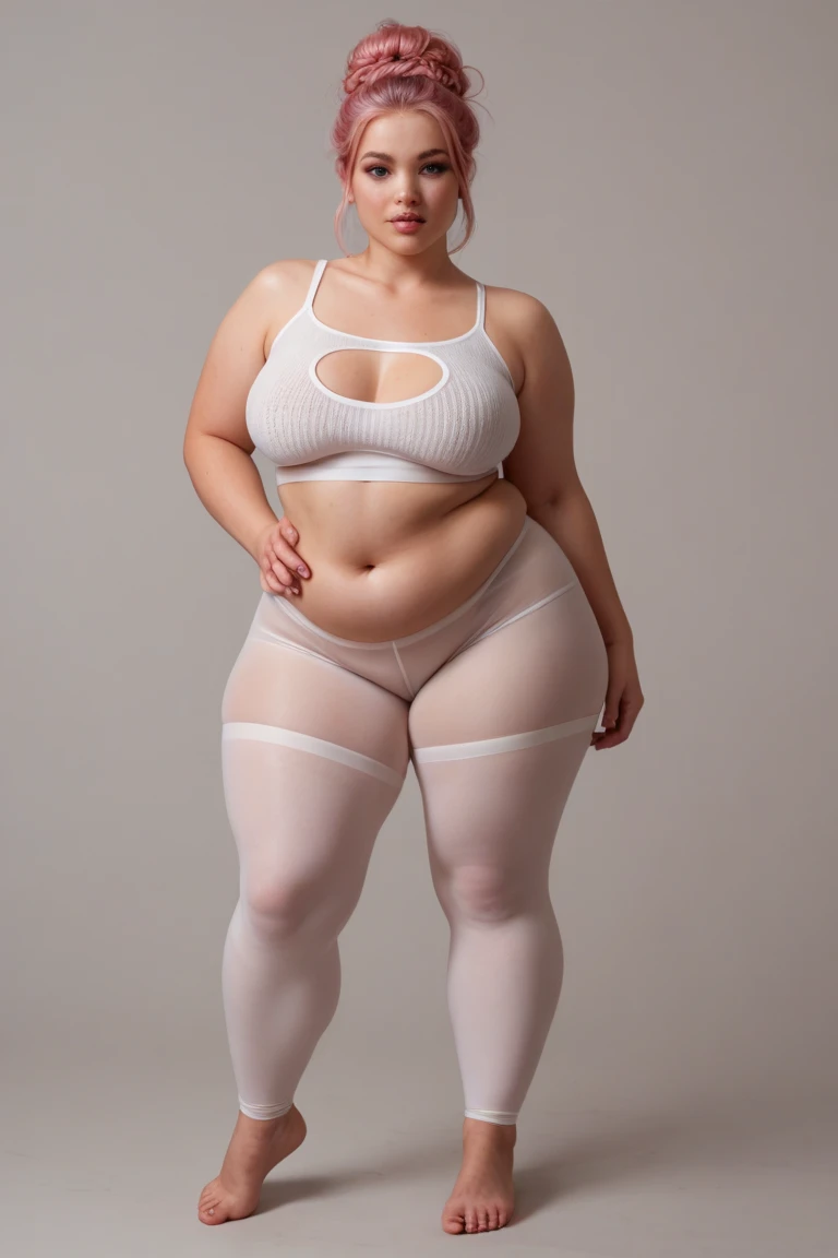 A hot korean woman, tall figure, long legs, blonde hair, messy bun hair style, natural makeup, smiling, (heavy breasts, giant breasts, huge breasts, massive breasts, juicy breasts, succulent breasts, enormous breasts), braless, wearing latex tight u-neck short-sleeve casual shirt and white mini-panties, short-sleeved, u-neck, casual tight shirt, spandex fabric material shirt, mini-panties, full body, seductive pose, sexy pose, detailed body, night, at photo studio, professional photo studio, white backdrop photo studio background, camera from bellow, dynamic light, 8K, masterpiece, ultra detailed, professional studio lighting.