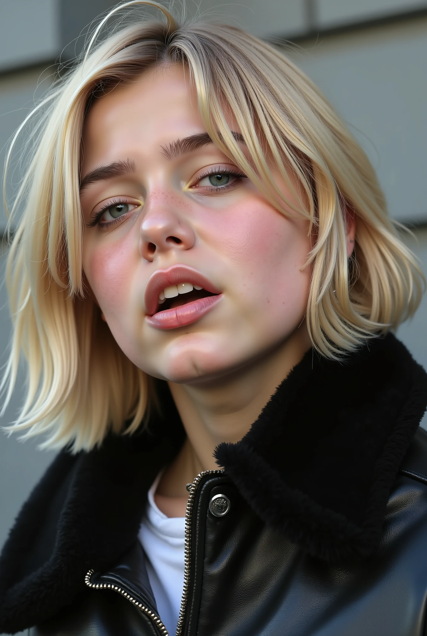 Young girl, blonde, glasses, tongue and lip piercing