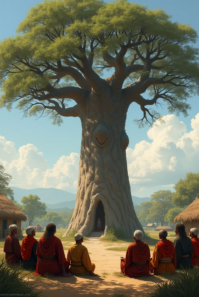 An enchanting scene unfolds in this 8k, Pixar-style, full HD image as children, their laughter echoing through the air, playfully darting around a bustling village square. The villagers, comfortably seated on ancient wooden benches, engage in lively conversation, their faces etched with the wisdom of time. A group of musicians, adorned in vibrant, traditional attire, are meticulously tuning their instruments, preparing for a grand festival performance under the watchful eyes of the elders. The grand old oak, with its sprawling branches and rustling leaves, provides a cool, shady haven where the elders share tales of old, their stories woven