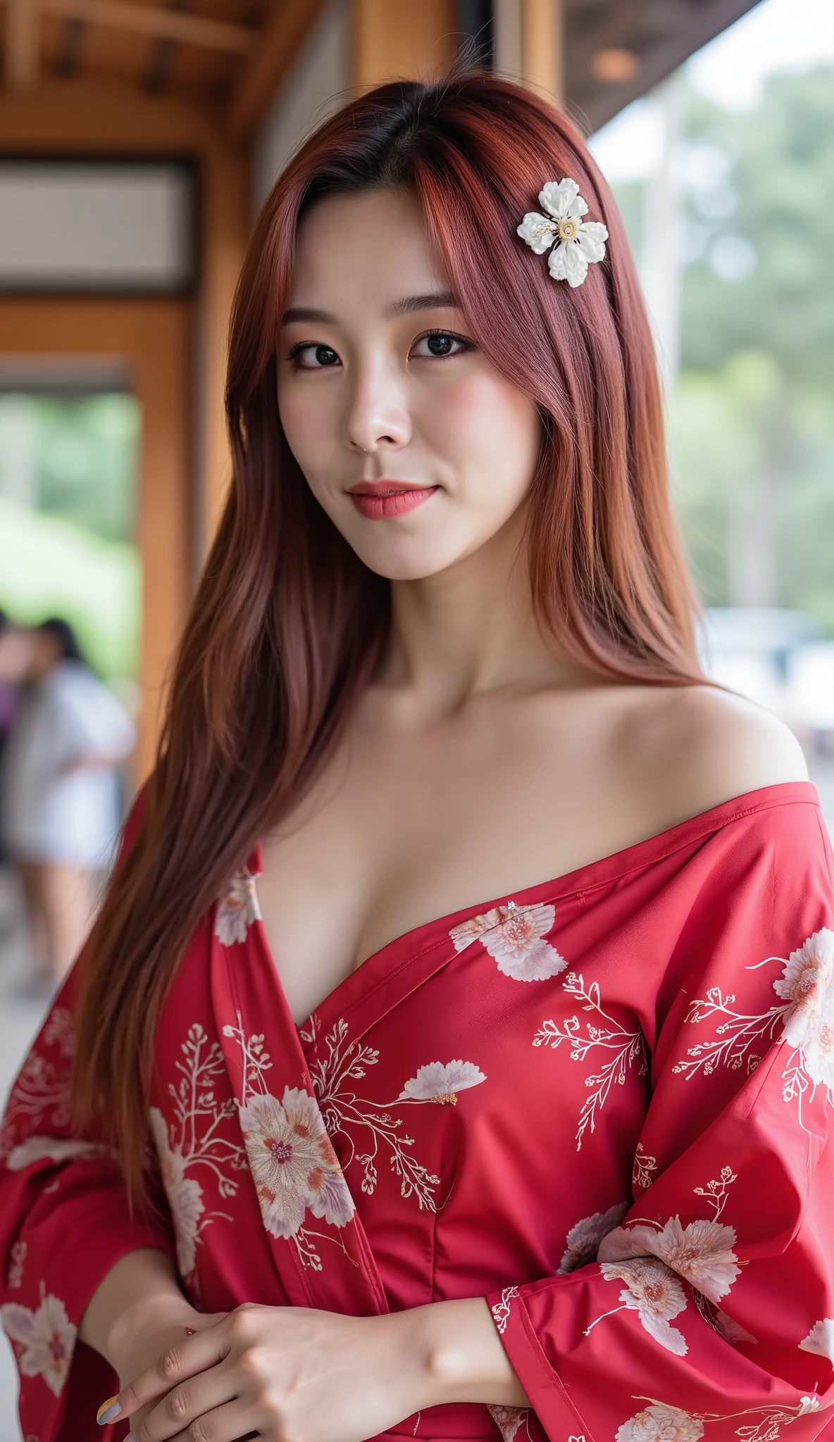 1girl, Beautiful girl (30 anos), MILF, smile, beautiful face, olhos azuis, long hair, cabelo rosa: 1.2, long hair, franja, flower hair ornament, Hair Pin, Hair Bone, off the shoulders, bareshoulders, (meio-corpo), looking at spectators, (Japanese kimono, open chest kimono), huge breasts:1.1, perfect huge breasts , extremely high quality, ultra-detailed, hyper detail face, detailed face: 1.2, round breasts, irezumi style tattoo, breast tattoo, TTTATTOO, revealing breasts. wh3ein
