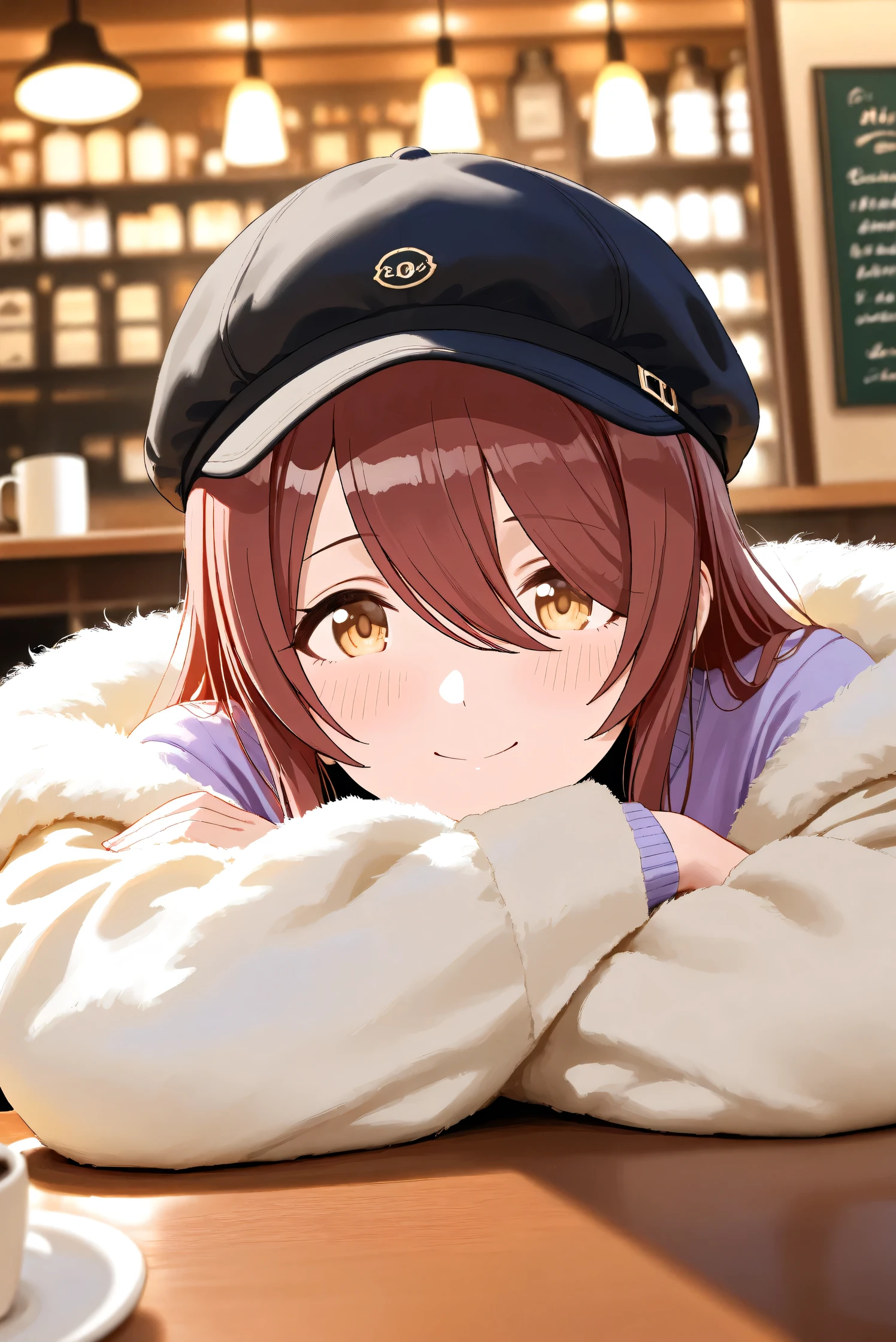 (Masterpiece), (Highest quality), (Very detailed), 
(The best shape), (Best Shadow), (Absurd), 
(Detailed background), (So beautiful), Shiny , 
Extraordinary, Countershading, 8k, 32K, High resolution, Beautiful eyes in every detail,
Very Detailed CG, UHD,

Score_9, Score_8_up, Score_7_up, Source_anime, 
(Pastel painting:1.2), (Watercolor painting:1.2),
(Masterpiece, Detailed:1.2), (Foreshortening:1.2),

Cinematic, Dramatic, (Depth of field:1.4),
(Blurry background:1.4), (Realistic background:1.4),
(Foreshortening:1.3),Dynamic angle, 1 girl,
Indoor, Coffee shop, Antique coffee shop,
Cinematic Light,

Osaki tenka,
The idolmaster shiny colors,
tenkaosaki,
Red hair, Brown hair, Yellow eyes,

(Casual wear:1.3),
Work cap, Black cap, 
Fur coat, Khaki coat,
Sweater, Purple sweater, 

Focus on face, (Close up shot:1.2),
(Blush:1.3), Happy, smile,
Sitting, Lying face down, Crossed arms,
Realistic skin, Shiny skin,