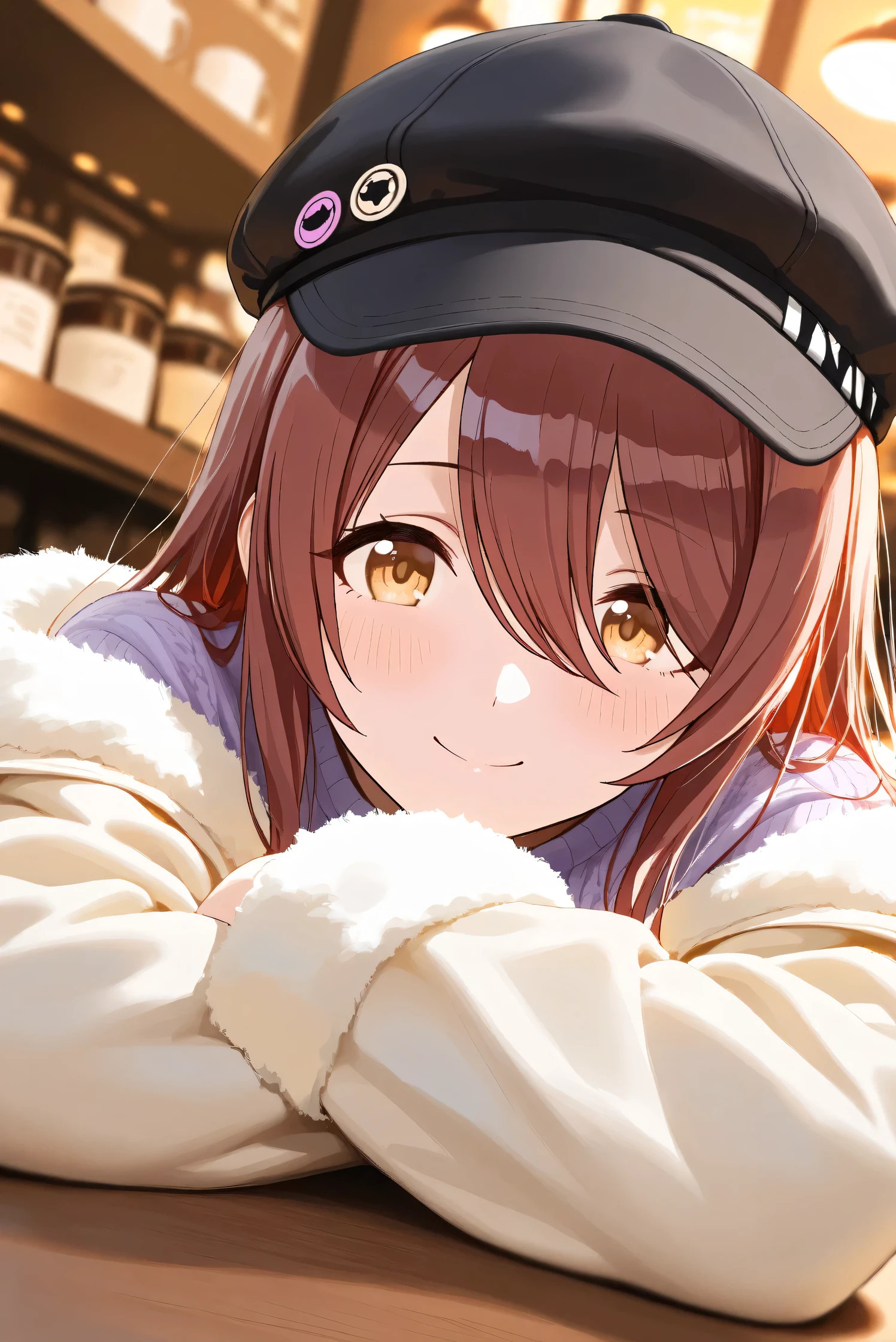 (Masterpiece), (Highest quality), (Very detailed),
(The best shape), (Best Shadow), (Absurd),
(Detailed background), (So beautiful), Shiny ,
Extraordinary, Countershading, 8k, 32K, High resolution, Beautiful eyes in every detail,
Very Detailed CG, UHD,
Score_9, Score_8_up, Score_7_up, Source_anime,
(Pastel painting:1.2), (Watercolor painting:1.2),
(Masterpiece, Detailed:1.2), (Foreshortening:1.2),
Cinematic, Dramatic, (Depth of field:1.4),
(Blurry background:1.4), (Realistic background:1.4),
(Foreshortening:1.3),Dynamic angle, 1 girl,
Indoor, Coffee shop, Antique coffee shop,
Cinematic Light,
Osaki tenka,
The idolmaster shiny colors,
tenkaosaki,
Red hair, Brown hair, Yellow eyes,
(Casual wear:1.3),
Work cap, Black cap,
Fur coat, Khaki coat,
Sweater, Purple sweater,
Focus on face, (Close up shot:1.2),
(Blush:1.3), Happy, smile,
Sitting, Lying face down, Crossed arms,
Realistic skin, Shiny skin,