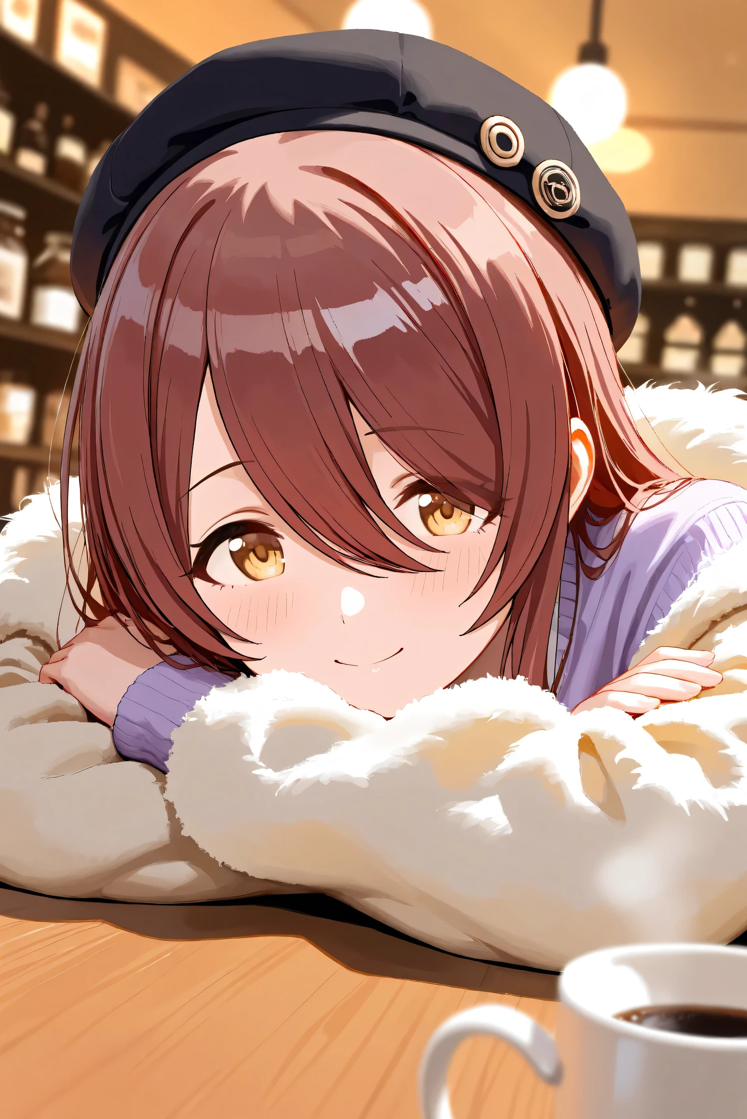 (Masterpiece), (Highest quality), (Very detailed),
(The best shape), (Best Shadow), (Absurd),
(Detailed background), (So beautiful), Shiny ,
Extraordinary, Countershading, 8k, 32K, High resolution, Beautiful eyes in every detail,
Very Detailed CG, UHD,
Score_9, Score_8_up, Score_7_up, Source_anime,
(Pastel painting:1.2), (Watercolor painting:1.2),
(Masterpiece, Detailed:1.2), (Foreshortening:1.2),
Cinematic, Dramatic, (Depth of field:1.4),
(Blurry background:1.4), (Realistic background:1.4),
(Foreshortening:1.3),Dynamic angle, 1 girl,
Indoor, Coffee shop, Antique coffee shop,
Cinematic Light,
Osaki tenka,
The idolmaster shiny colors,
tenkaosaki,
Red hair, Brown hair, Yellow eyes,
(Casual wear:1.3),
Work cap, Black cap,
Fur coat, Khaki coat,
Sweater, Purple sweater,
Focus on face, (Close up shot:1.2),
(Blush:1.3), Happy, smile,
Sitting, Lying face down, Crossed arms,
Realistic skin, Shiny skin,