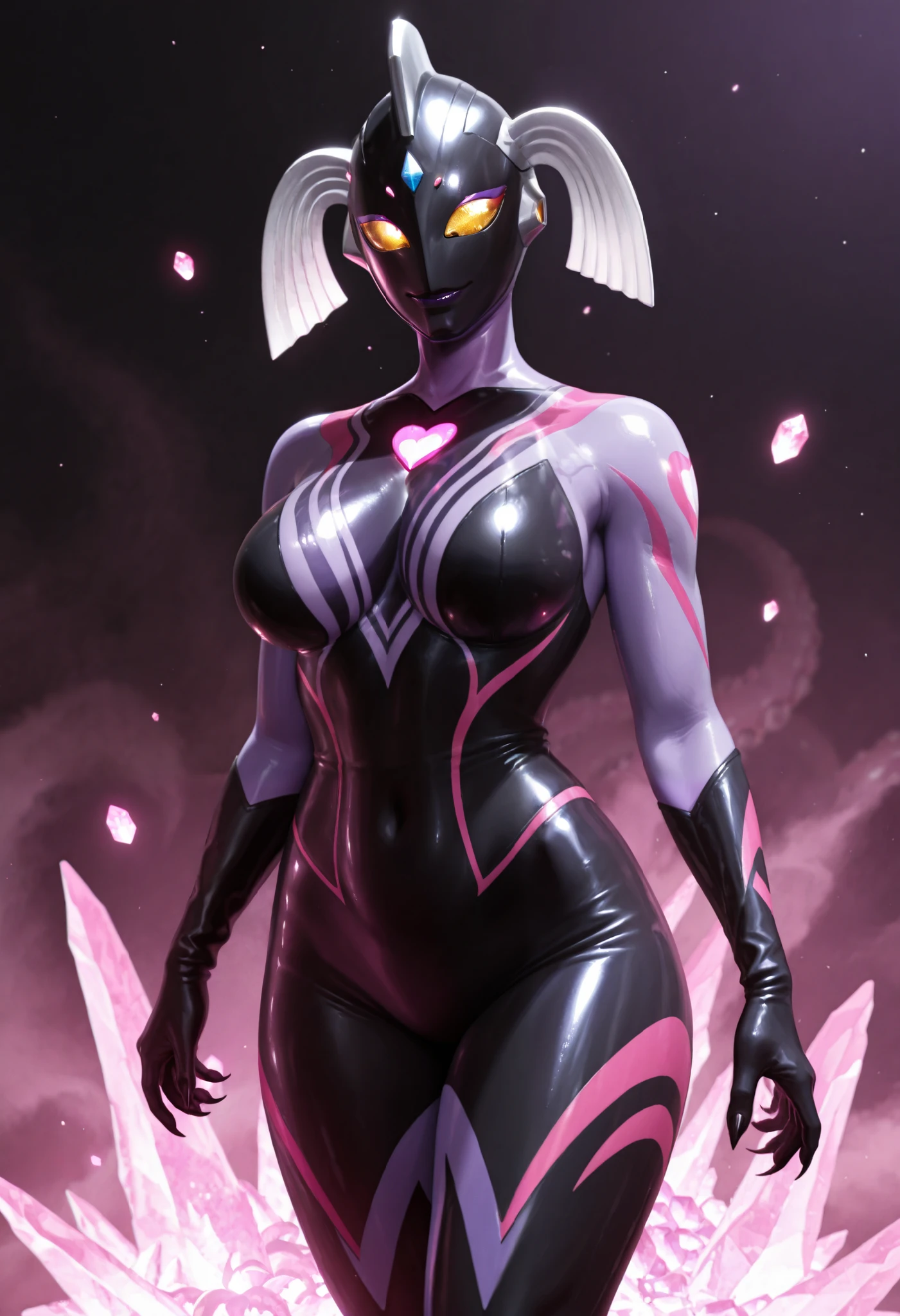 Ultraman Style Girl. Covered in black and purple skin. Black metallic full mask. Villain eyeshadow. Pink lines. Glowing crystals on chest. Sharp claws. Firm breasts. Curved waist. Thighs. Inorganic face. Armor-like skin. Honeycomb-patterned skin. Humanoid insect. Mechanical tentacle. With tentacle. A glowing pink heart tattoo. Biological light-emitting organ.