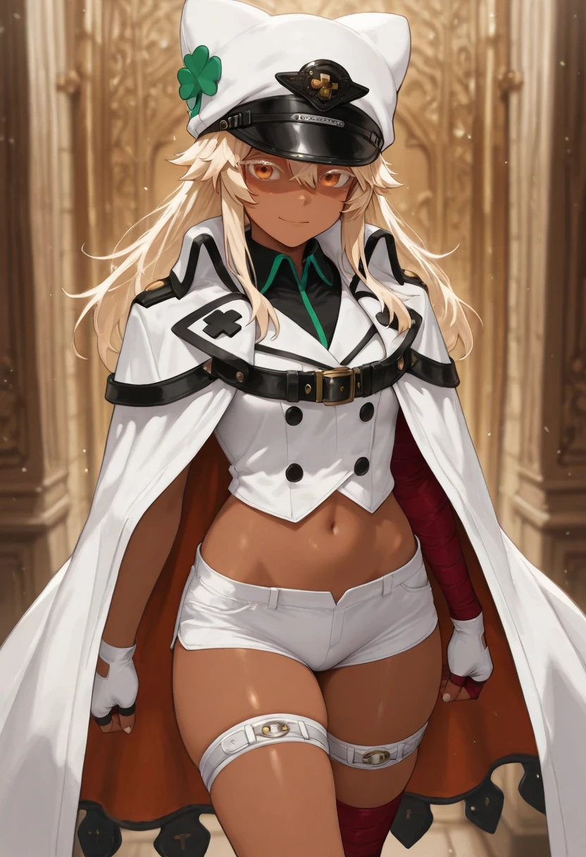 ((solo)), light smile, very cute girl, kawaii, amazing masterpiece, top quality, high fashion, absurdres extremely, HDR, intricate details, vivid colors, rmlthlvltne, dark-skinned female, long hair, blonde hair, orange eyes, colored eyelashes, white headwear, hat, four-leaf clover, white cape, collared cape, black belt, white vest, buttons, double-breasted, white gloves, fingerless gloves, white shorts, short shorts, thigh strap, bandages, bandaged arm, bandaged leg, midriff, navel