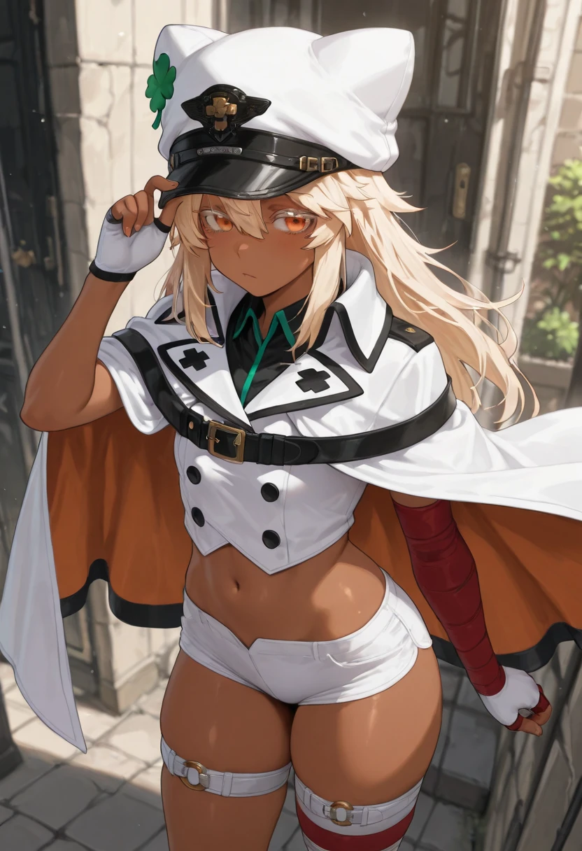 ((solo)), very cute girl, kawaii, amazing masterpiece, top quality, high fashion, absurdres extremely, HDR, intricate details, vivid colors, rmlthlvltne, dark-skinned female, long hair, blonde hair, orange eyes, colored eyelashes, white headwear, hat, four-leaf clover, white cape, collared cape, black belt, white vest, buttons, double-breasted, white gloves, fingerless gloves, white shorts, short shorts, thigh strap, bandages, bandaged arm, bandaged leg, midriff, navel