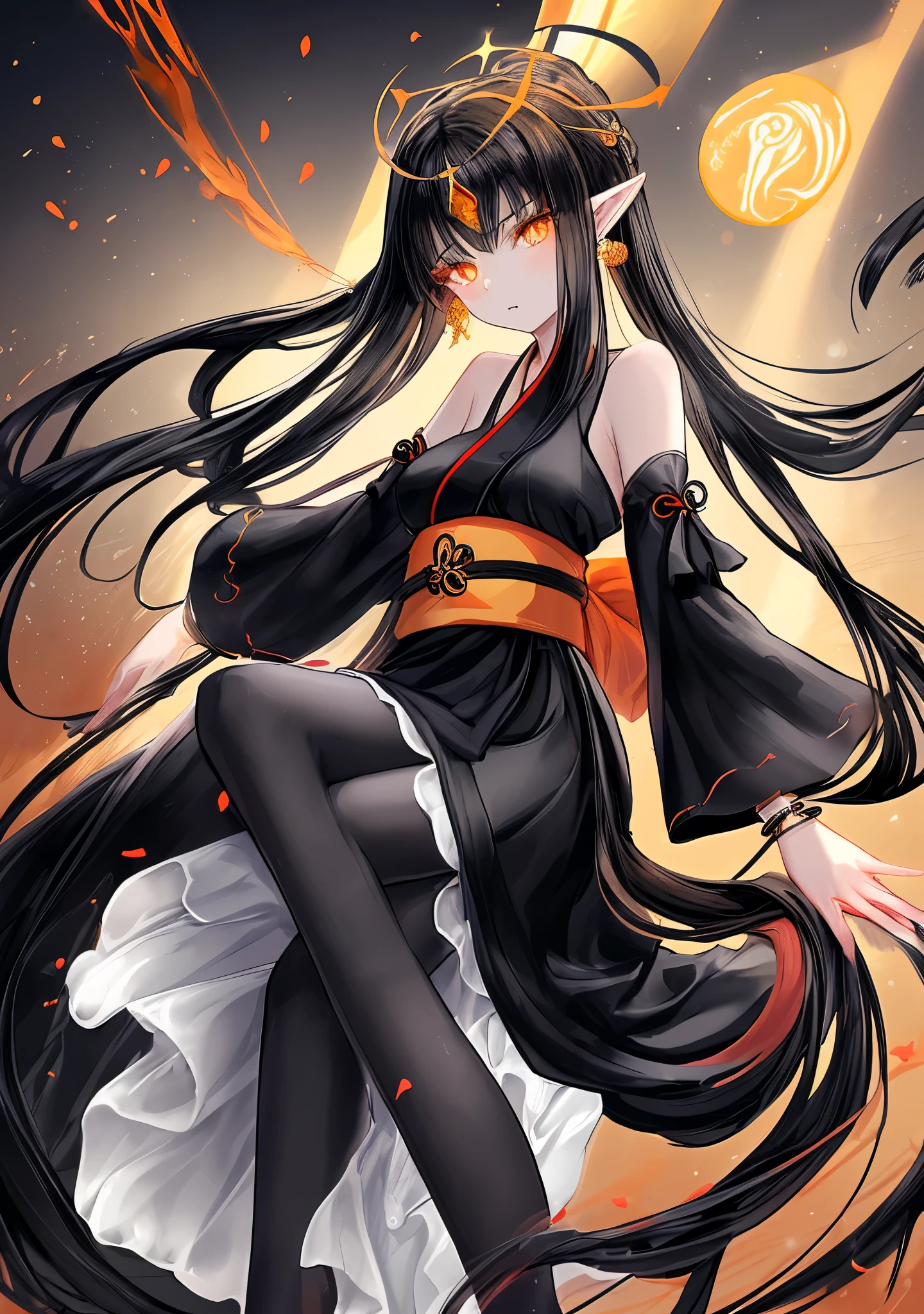 Young Woman. orange eyes. long black hair. Small corals as hair adornment. Golden halo behind the back.  medium size bust . An arm with a black iron bracelet. An arm with an elastic sleeve (up to the forearm). Traditional yukata belt. above the waist: roupa preta. below the waist: black dress.  pantyhose . Salto alto. pointy ears