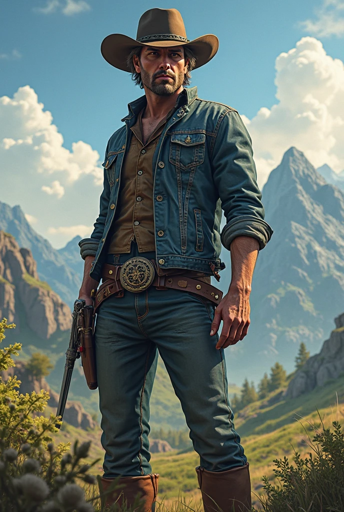 A brave warrior about to embark on an adventure ,smile,adult man,tattered clothes
