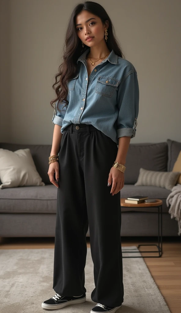 Realistic full-body photograph of an elegant young woman com um leve sorriso no rosto, weighing approximately 60 kg, with refined makeup and delicate, gold accessories. She has long hair e na cor preto, and expressive eyes. Your hands are perfect, with well-done, square-shaped and painted nails. She wears pants in the color black, combined with a denim shirt without necklines and sophisticated sneakers. . The scene takes place in a modern domestic environment, with soft natural lighting ."Focus on his face, He's perfect
Prompt Detailing:
Main description: Realistic full-body photograph of an elegant young woman, WEIGHING APPROXIMATELY 65 KG , with refined makeup and delicate, gold accessories.Hair and Eye Details: She has long hair, jewelry, and expressive eyes.Hand Details: Your hands are perfect ,with well-done and painted nails.Ambiente: . The scene takes place in a modern domestic environment.Lighting: soft natural lighting.Breakdown
When using this prompt, must be faithful to its description. Perfect face