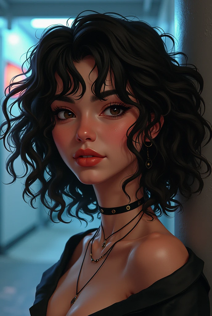 a color photo of a girl ("Sarah Hyland") in a corset, thick eyebrows and almond eyes, curly and short top black hair, wavy and short top hair, wavy short hair, curly pixie cut hair, short curly hair, curly pixie hair, short wavy hair, short curly black haired girl, wavy short hazel hair, with short hair with bangs, very short curly hair, pixie haircut wlop