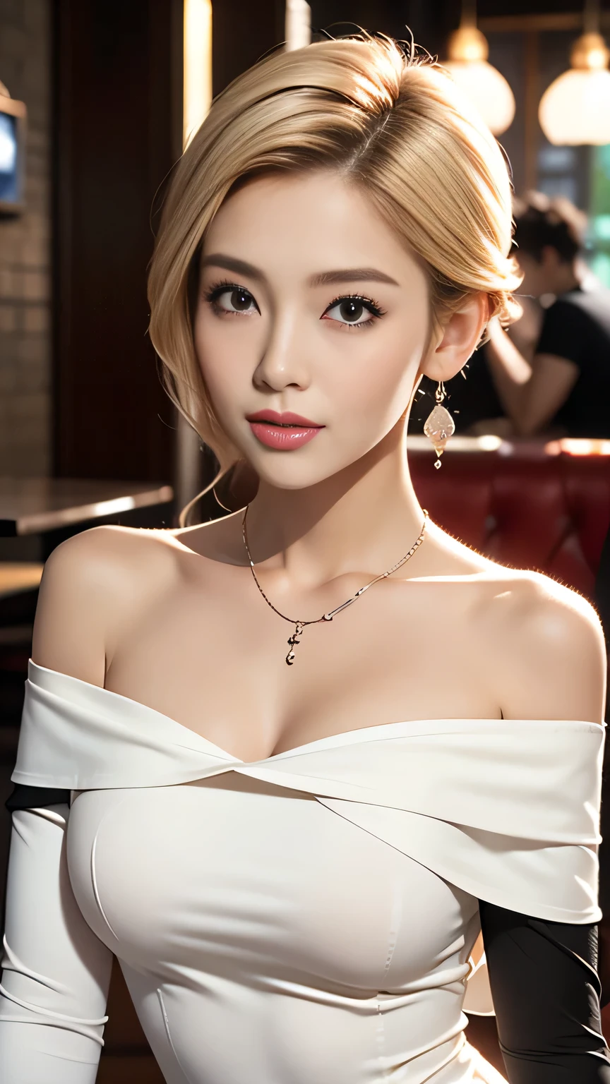 (ultra-detailed eyes), (((best quality))), (((​masterpiece))) naughty girl, (((realisti))), 1 girl, alone,  unusual long dark blonde hairstyles to choose from, ((wolfcut beautiful hair)), Humidity, (sensual outfits))), ((Retro-Pose)), (Decollete )) (beautiful, naughty, it girl), unusual jewelry, in the bar with a bottle of liquor, glamorous body, strong bar champagne atmosphere, Pose 1.4 to the camera , Cowboy-shot, Halbtotale, in front, Centered image, Eye on camera,  Stretchy sexy minimalist dress(Off-Shoulder-Kleid
