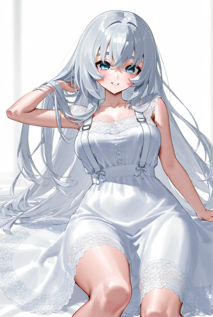 Myrn 1girl, Pantyhose, window, Solo, Blue eyes, White pantyhose, No shoes, Long hair, Knees up, White hair, Halo, view the viewer, Indoors, mitts, White gloves, bangs, hair adornments, Night, dress, frill dress, frilld, Sitting, Blush, hair between eye, Very long hair, Cityscape, Feet, book, full bodyesbian, Hand up, parted lip, plushies,(White pantyhose:1.2),
