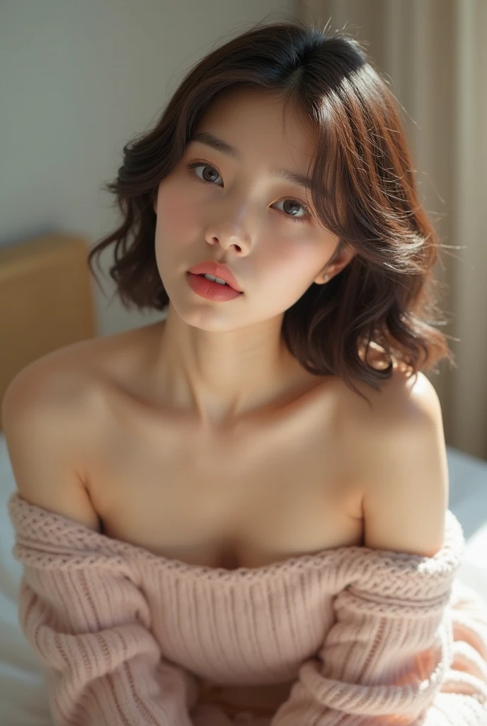 (masterpiece, best quality:1.2), 1girl, solo, asian, woman, freckles, black unederwear, skinny, ((topless:1.4)), ((medium breasts:1.4)), (flat cheast:1.3))