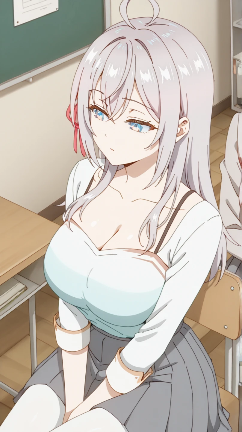 kneeling pose, embarassed, pink bikini, classroom background, rossweisse, anime cels style, best quality, high resolution, 1girl, (huge breasts:1.2), beautiful face, grey hair, aqua eyes, antenna hair, long hair, pink ribbon at hair, cowboy shot