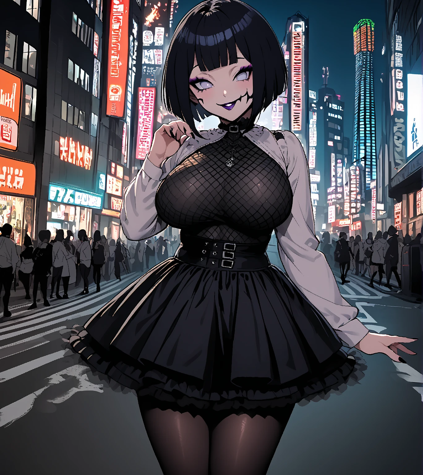 y2k, Busty Goth fashion, 1girl, yab, illustration, poster, idol, squat, fisheye lens