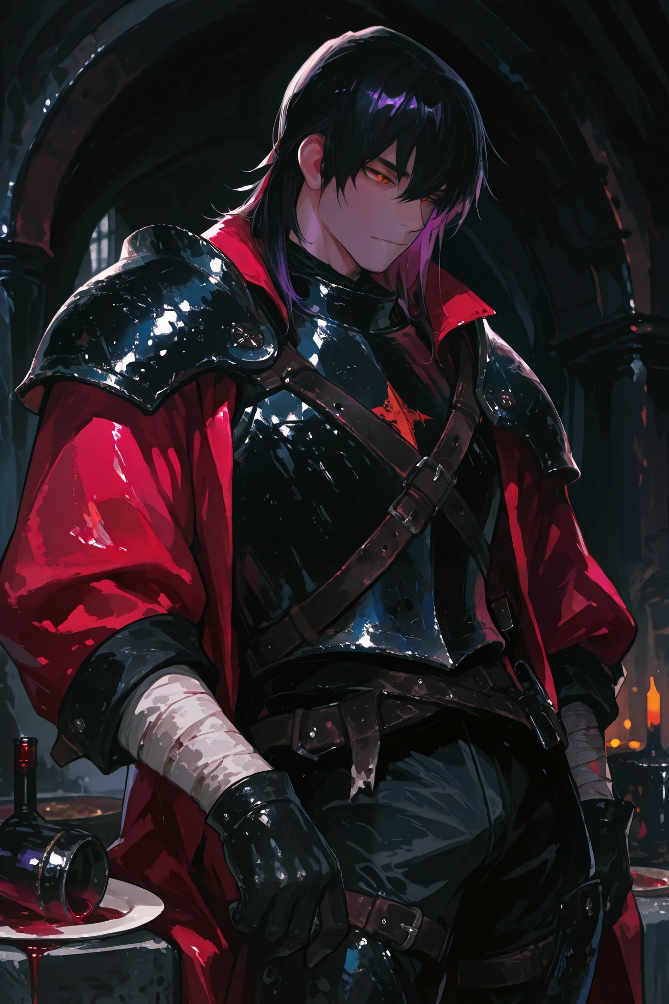 masterpiece, newest, absurdres, safe Solo, high detailed, male, beautiful male, Twink male. Handsome Male, human male. Black hair, mullet. Leather coat, leather straps, rolled up sleeves, bandaged arms, Open coat, medieval armor, fantasy armor, orange eyes, male, cargo pants, Wine leather coat, black armor, steel armor, black plate armor, pauldron, strap armor, front facing, black gloves, Noble male, patched leather, knight, male Knight, relaxed, male knight, sexy male, seductive male, wandered, Wine_colored coat, noble clothing, Wine purple color, Wine Coat