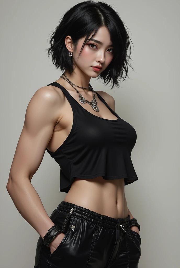 Realistic photos, 8k ,Handsome young Korean tomboy with a bob cut,(Ultra-realistic), (figure), (High resolution), (8k), (Very detailed), (Best figure), (Beautiful fine details), (highest quality), (Super detailed), (masterpiece), (wallpaper), (Detailed face), ((whole body,Flat Chest,Slightly muscular)),alone,Black hair bob cut,(((Face is a girl,The body is a perfect man))), Black tank top,Training pants,Transgender,Korean,aespakarina,Chest is male,kpop