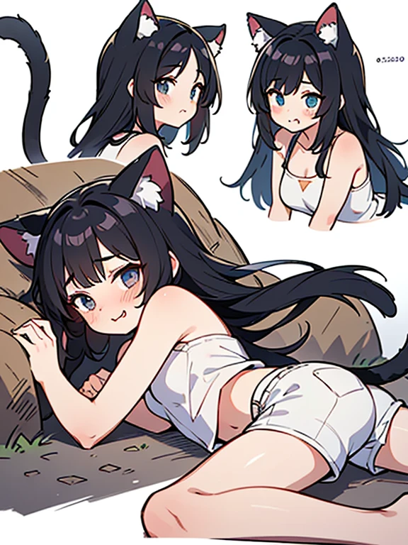 1girl, ((absurdly long hair)), straight long hair, extremely long hair, feet long hair, best quality, (full body: 1), cat ears, (li: 1.0), (liirl: 1.0), no background, white background, standing, black bikini, detailed face, realistic hands, hair touching ground, black hair, barefoot, blue eyes, alone
