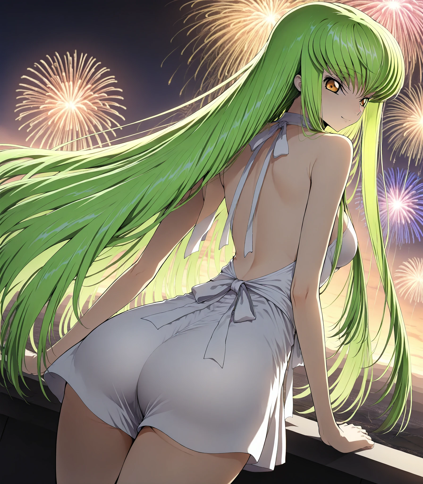 long hair, 1 girl, naked, wet pussy, green hair, chibi, squatting, tail anal plug, cat's ears, tail, pussy is visible, rain, masturbation, girl is fingering her pussy, colored fireworks, colored fires in the sky, night, empty cobbled embankment, starts, fireworks, festival