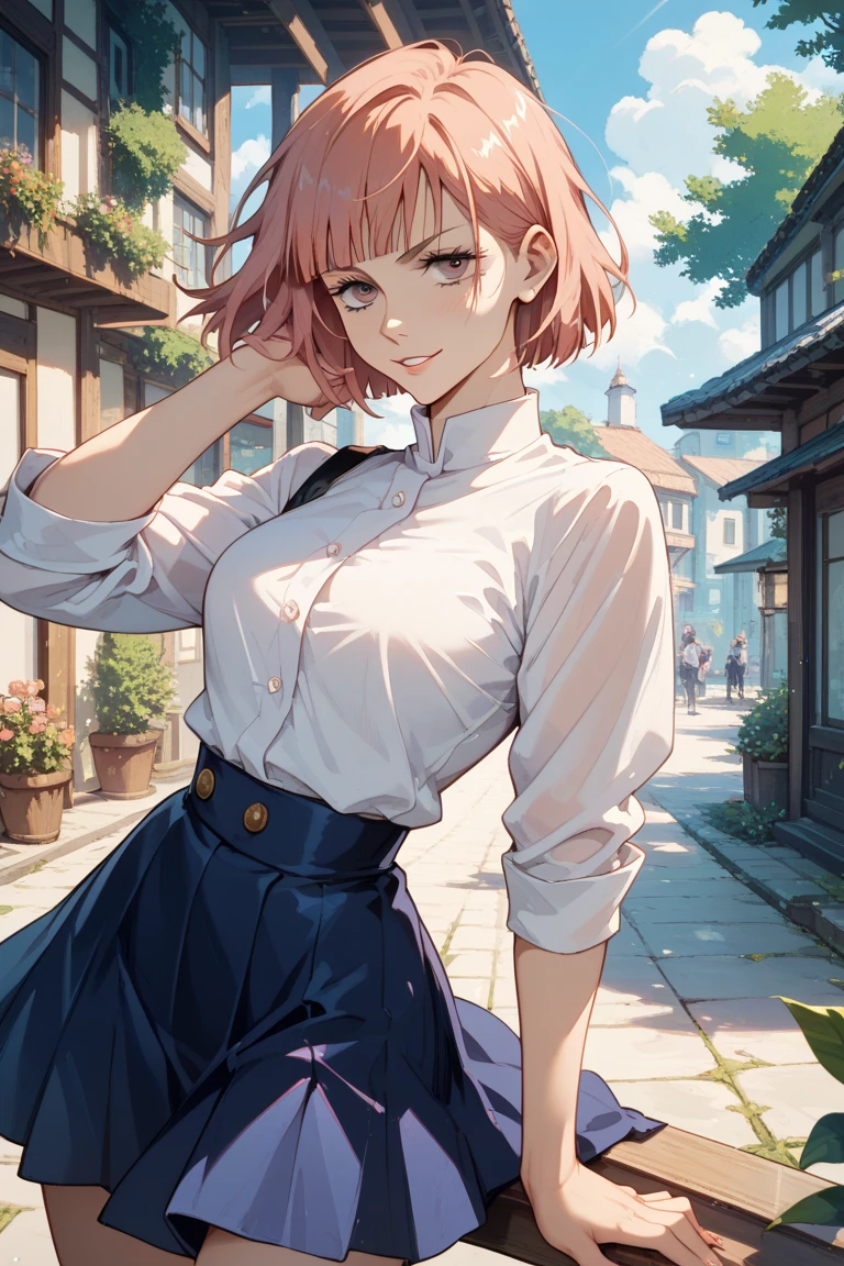 one woman, alone, middle aged, きれいなmiddle agedの女性、I could see the whole body、 ((short hair)), ((brown eyes, beautiful eyelashes, realistic eyes)), ((detailed face, blush:1.2)), ((smooth texture:0.75, realistic texture:0.65, realistic:1.1, Anime CG style)), ((glamorous body)),(( big breasts)), dynamic angle, perfect body,  ((purple transparent bow, red skirt))、(Hotel stairs)、It&#39;s windy、(Very embarrassing panic smile)、looked back、I can see her ass sticking out in front of me...、Angle looking up from the bottom of the stairs、 (((The wind flipped up my skirt、My butt is now completely visible...、Pink floral panties)))、((table top, highest quality, High resolution, perfect pixel,  4K,))), 