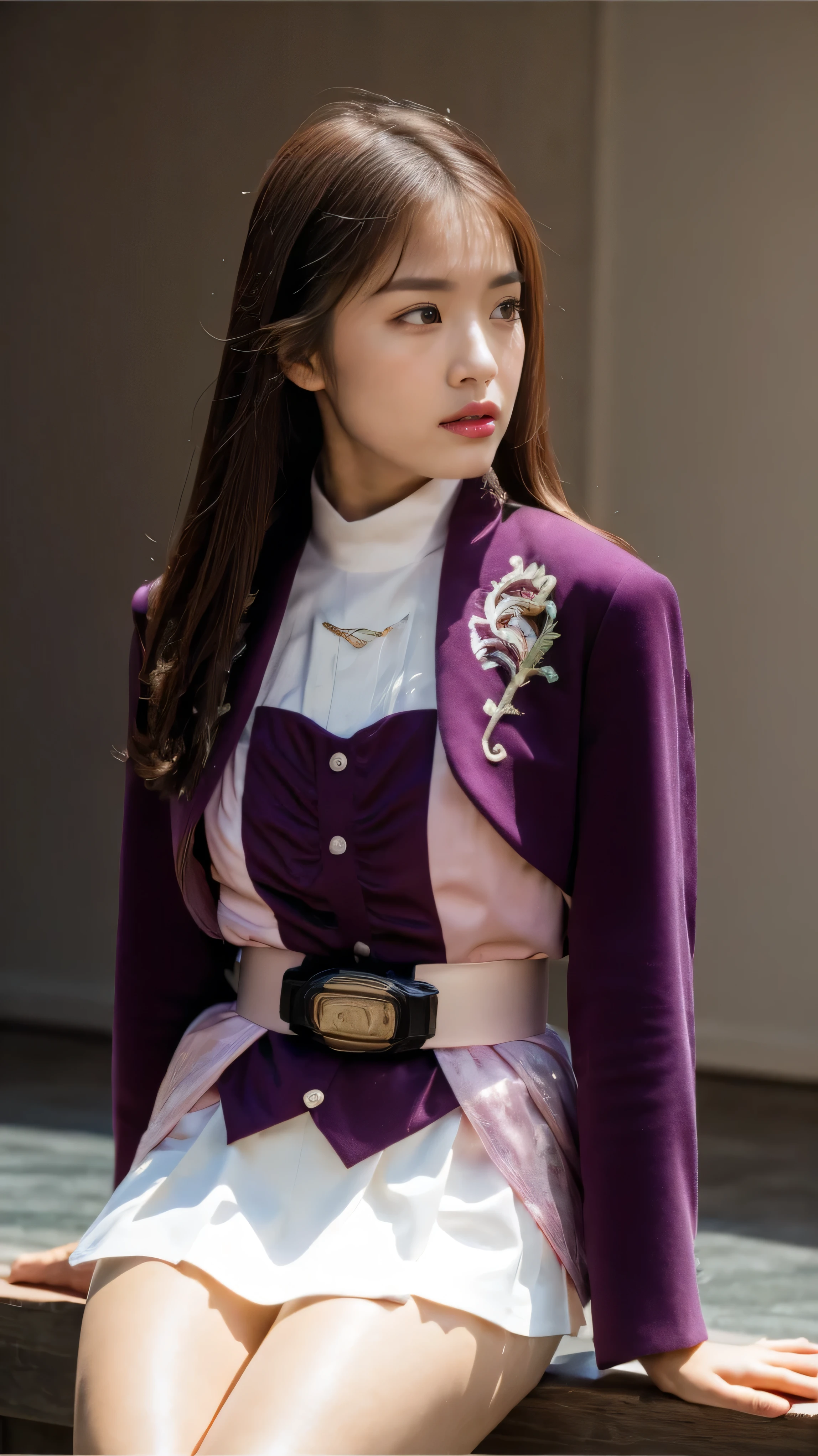 ( 高精細CG),( top quality ),((Frontal View)),((Composition showing the upper body)),((black room background with no lights)),((1girl)), completely complete, shiny skin ,wide hips , thin waist in the video department, purple bolero jacket,((white skirt)),long sleeve , pink belt,((brown hair color )),straight long hair,((Composition showing the part above the knee where the eyebrows are bent in the shape of a C )),((sitting)),