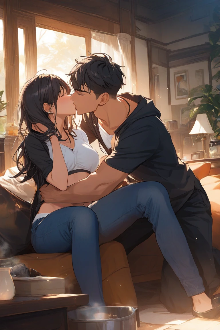 Amazing portrait of a young woman wearing white and orange striped t shirt and orange shorts and young boy wearing a navy blue t shirt and black shorts sitting on a bed together and kissing and making out passionately in a sexy and hot and lustful setting