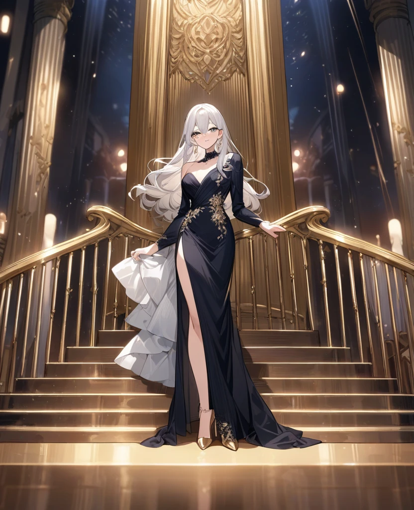 A woman wearing a luxurious black dress, exposed shoulders, large breasts, golden flowers in her hair, white hair, long hair, purple eyes, smiling, golden necklace around her neck, black heels, in a luxury room, marble floor, windows luxury glass. UHD , prime work , accurate , anatomically correct , textured skin , super details , high quality , best quality, 8k, high resolution, bokeh effect. (woman alone)