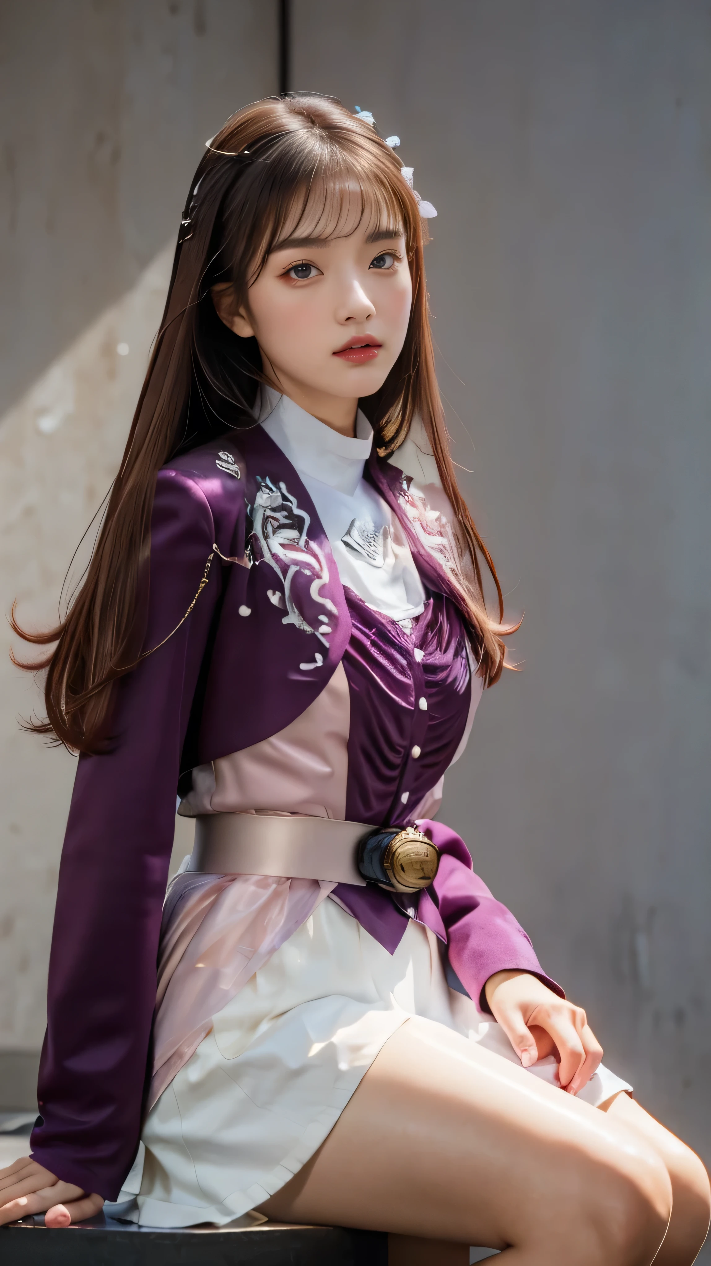 ( 高精細CG),( top quality ),((Frontal View)),((Composition showing the upper body)),((black room background with no lights)),((1girl)), completely complete, shiny skin ,wide hips , thin waist in the video department, purple bolero jacket,((white skirt)),long sleeve , pink belt,((brown hair color )),straight long hair,((Composition showing the part above the knee where the eyebrows are bent in the shape of a C )),((sitting)),
