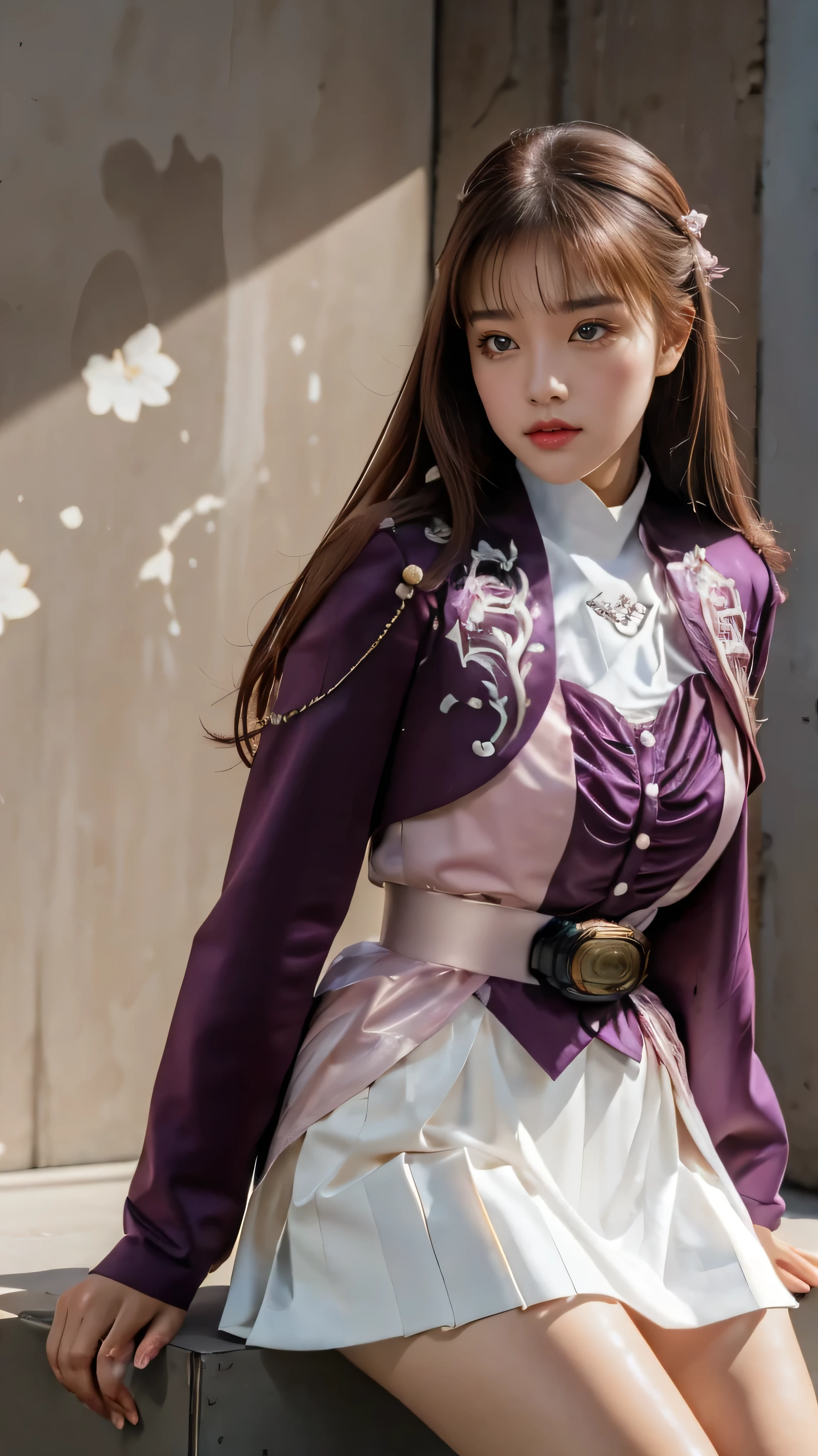 ( 高精細CG),( top quality ),((Frontal View)),((Composition showing the upper body)),((black room background with no lights)),((1girl)), completely complete, shiny skin ,wide hips , thin waist in the video department, purple bolero jacket,((white skirt)),long sleeve , pink belt,((brown hair color )),straight long hair,((Composition showing the part above the knee where the eyebrows are bent in the shape of a C )),((sitting)),